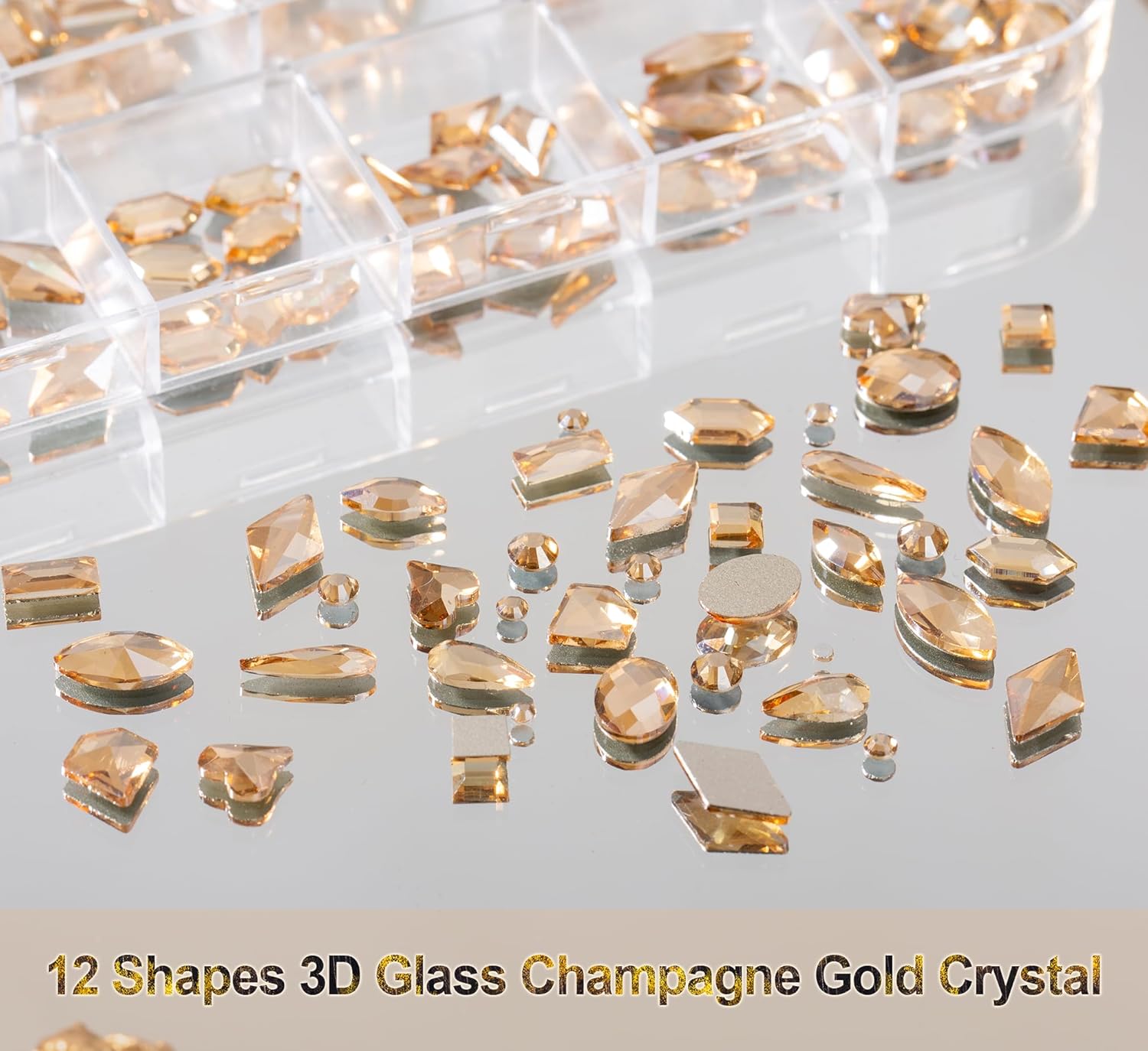 2420pcs Gold Rhinestones for Nails, Round Flatback Champagne Rhinestones Gold Nail Charms for Nails+120 Pcs 3D Multi Shapes Glass Crystal Diamond Nail Gems for Acrylic Decoration - Image 3