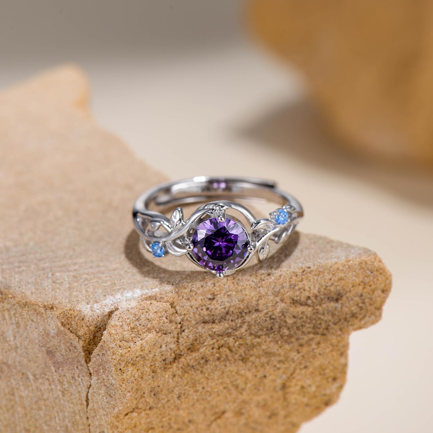 Amethyst/Sapphire/Aquamarine Ring for Women 925 Sterling Silver Gemstone Engagement Anniversary Rings Birthstone Ring Adjustable size 7