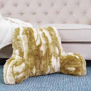 Home Soft Things Jaquard Faux Fur Bedrest Reading Pillow with Handle, Lounger Backrest Pillow for Sitting in Bed, 20" x 18" x 17", Amber Gold
