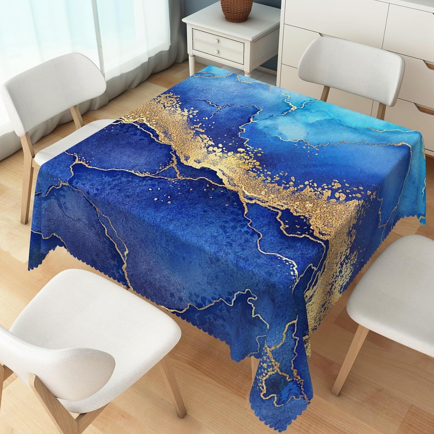 70x70inches Blue Marble Square Tablecloth Royal Blue and Gold Crack Ink Art Painting Modern Abstract Table Cloth Waterproof Fabric Table Cover for Kitchen Dining Room Indoor Outdoor Home Decor