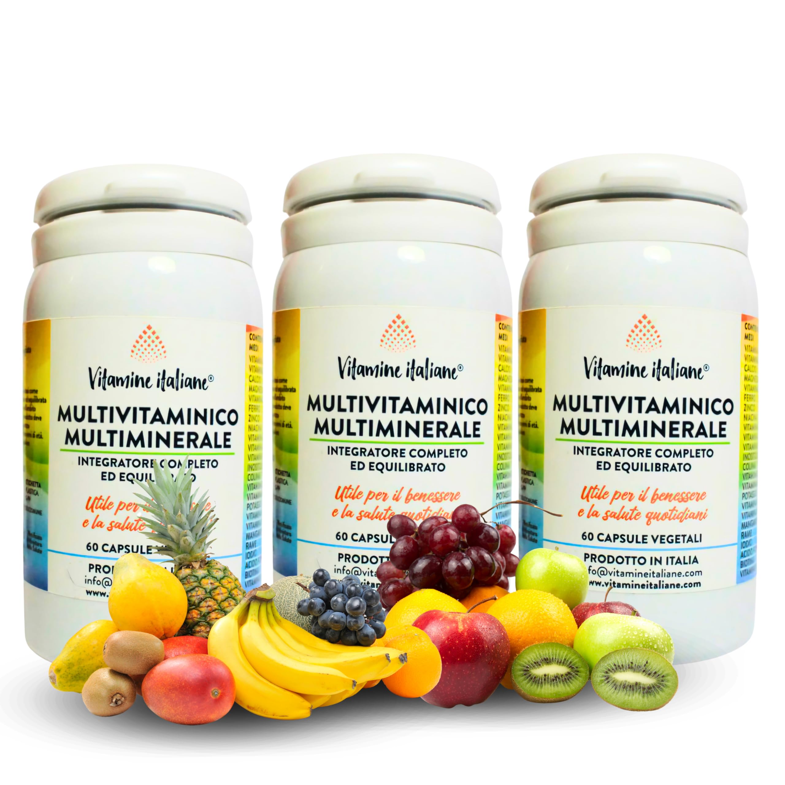 Vitamine Italiane® - Integratore Multivitaminico Completo - a base di Vitamine A, B, C, D, E, H, Zinco, Ferro, Potassio e Acido Folico - Senza Additivi - Made in Italy (60 Capsule (Confesione da 3))