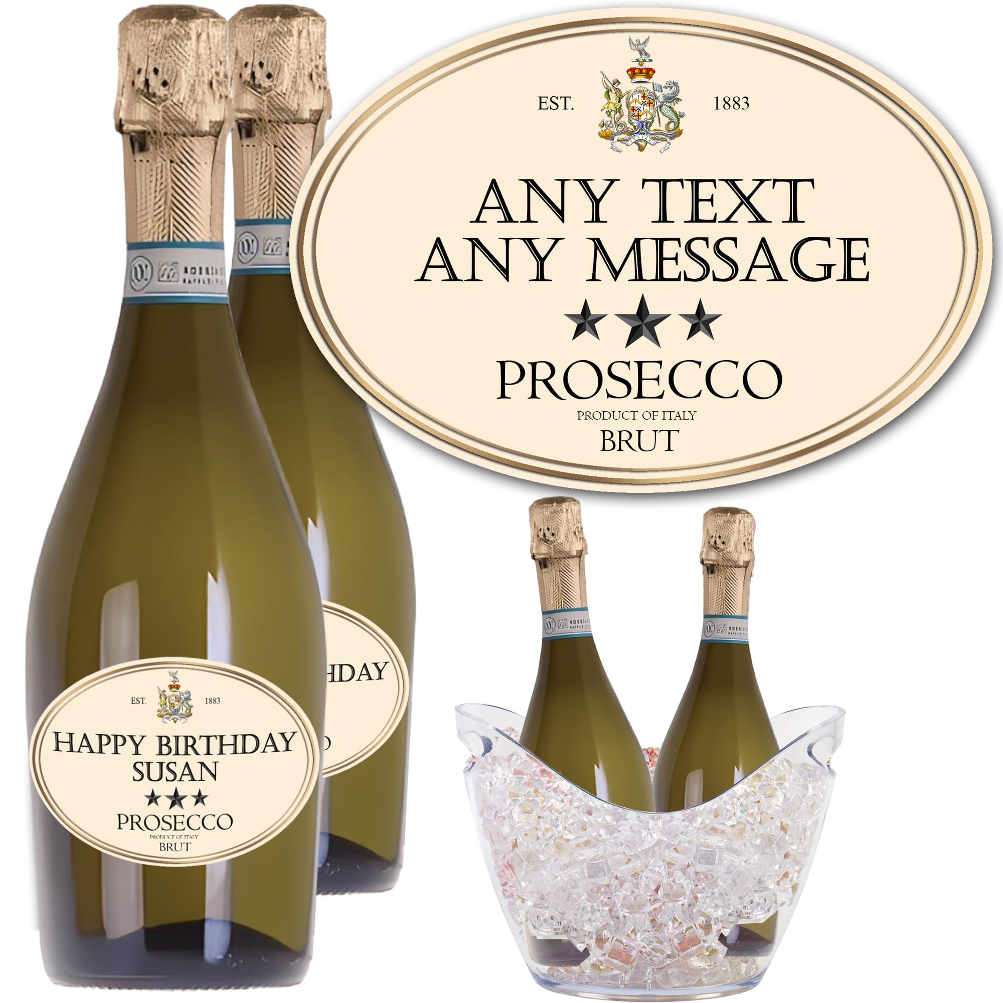 Party People Personalised Prosecco Labels - 2 Bottle Labels with Any Name & Message on self adhesive gloss labels ready to cut out - Regular
