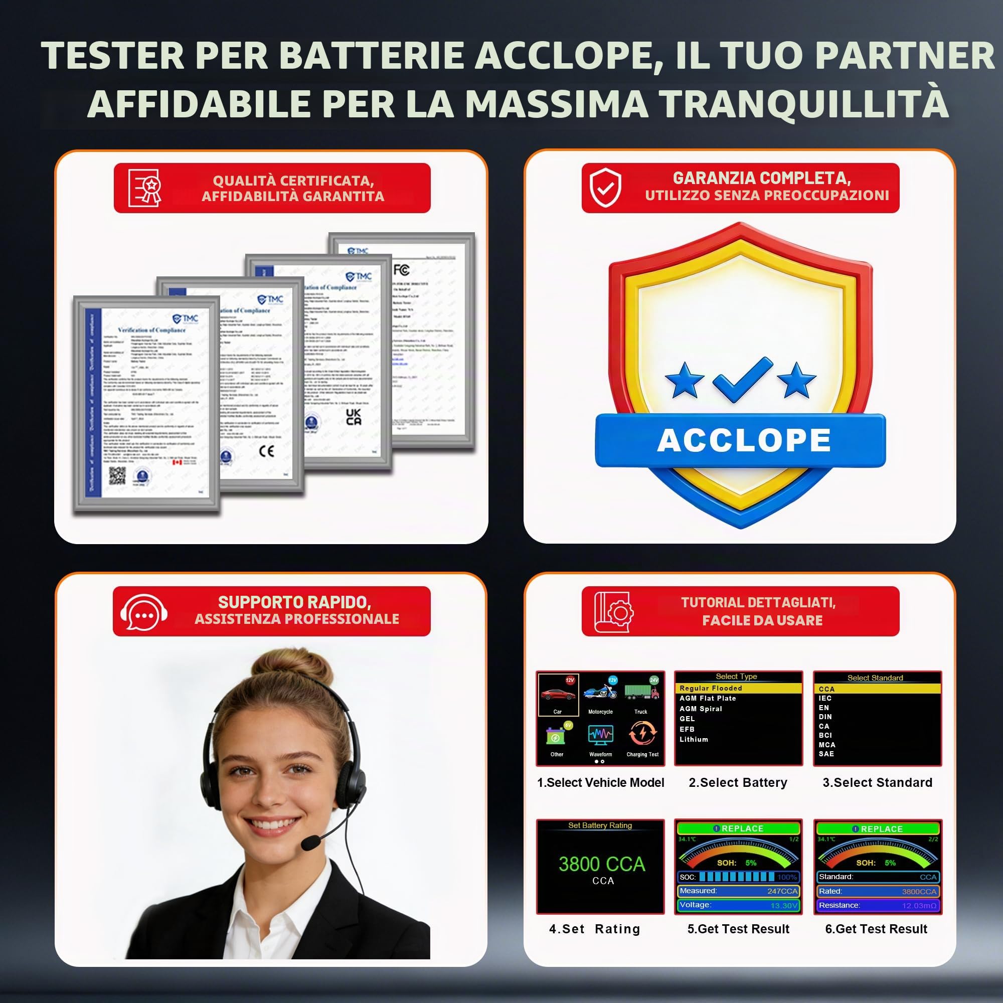 BT90 PRO - Tester per batteria, 6 V/12 V/24 V, per AGM/EFB/GEL/LiFePO4, 2 – 360 Ah, 30 – 3800 CCA, con stampa cloud, test di avviamento, nero, SAE/EN/IEC/CA/MCA, SOH/SOC/tensione/resistenza