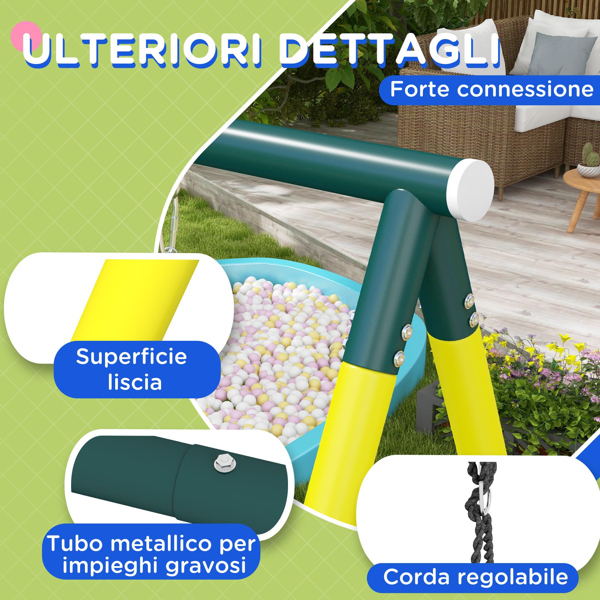 Outsunny Set Altalene da Giardino per Bambini con Scaletta, Giochi da Esterno per Bambini 3-8 Anni con Altalena Rotonda e Classica, Scale e Canestro