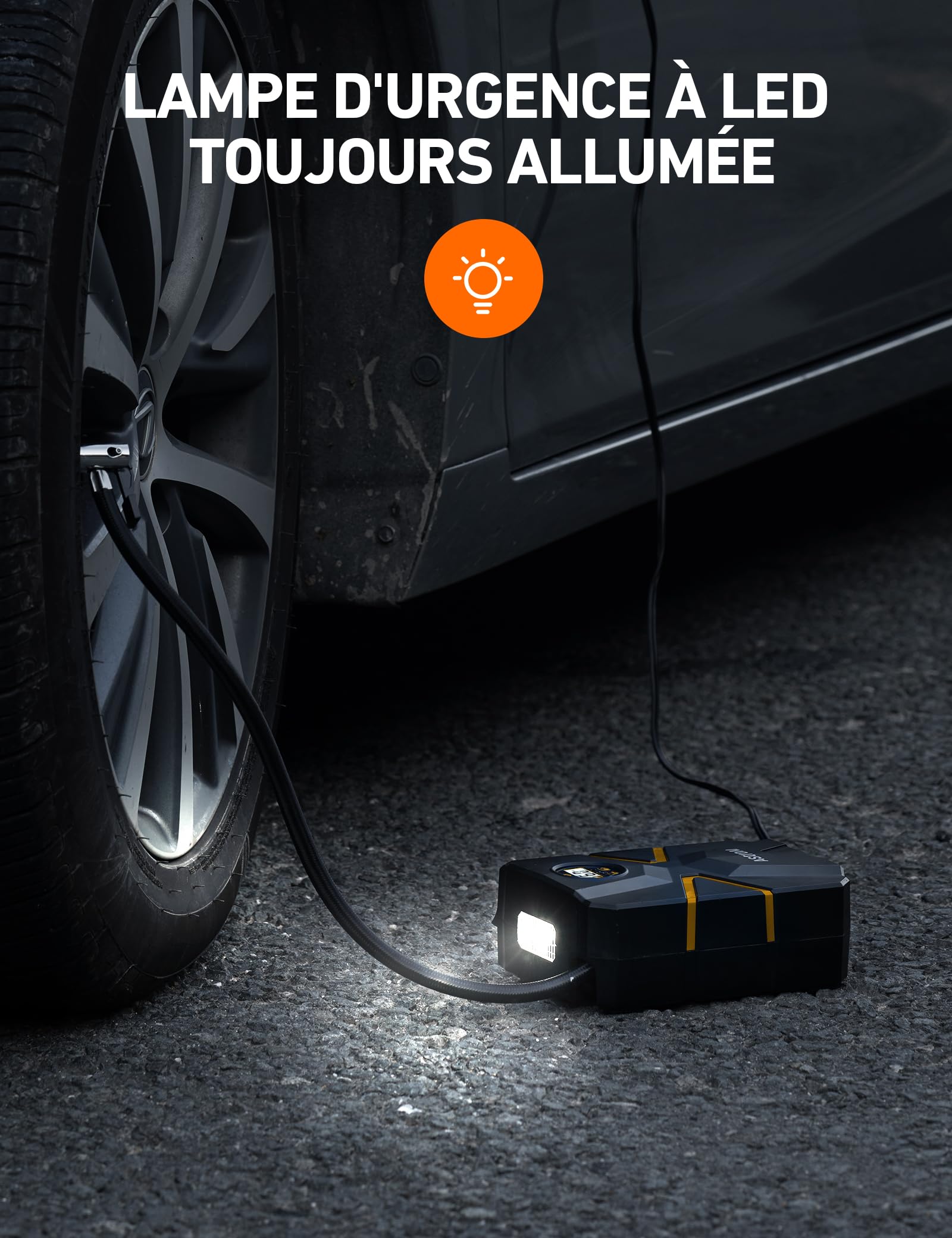 AstroAI Gonfleur Pneus Voiture Portable 12V DC 150 PSI, Compresseur à Air Portatif, Arrêt Automatique, Gonflage Rapide à 36 PSI en 1 Min, Lumière LED, Accessoires Polyvalents pour Vélos Ballons Bouées