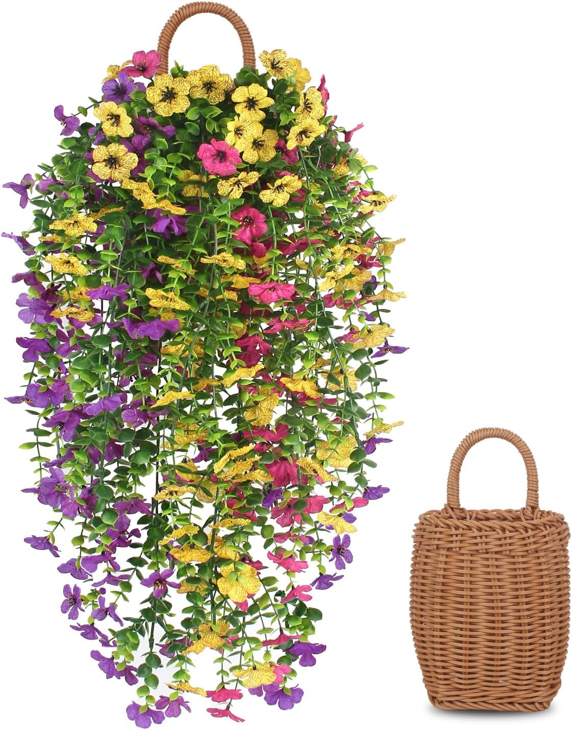 3 PCS Artificial Fake Hanging Flowers Plants with Basket for Spring Outdoor Outside Decoration, UV Resistant Faux Plastic Fabric Flower for Garden Porch Patio Balcony Yard Decor(Mix)