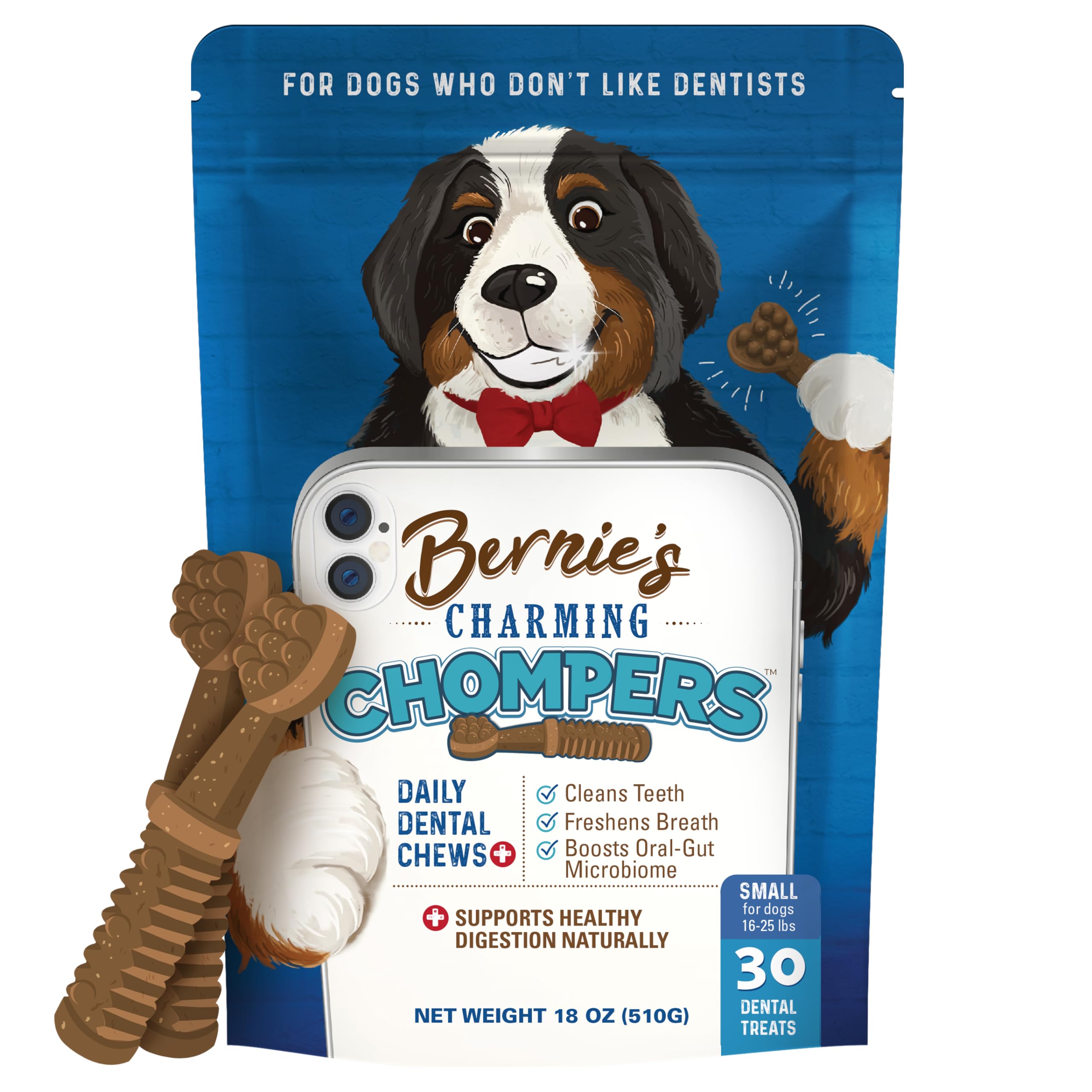 Bernie's Charming Chompers - Daily Dental Chews for Dogs 15-25 Lbs. - 30 Count - Cleans Teeth, Freshens Breath, + Boosts Oral-Gut Microbiome. Easy to Digest, Supports Healthy Digestion Naturally
