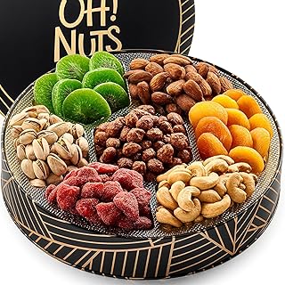Oh! Nuts 7 Section Dried Fruits and Nuts Gift Basket - Gourmet Assorted Fruit & Nut Gifts Baskets - Healthy Food Round Metal Tin Box - Festive Gifts for Holiday, Birthday, Corporate Women & Men