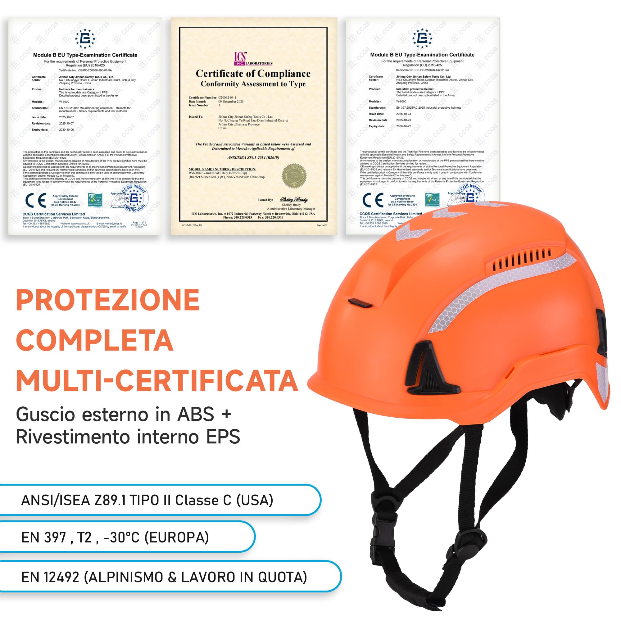 SAFEYEAR Casco di sicurezza tipo 2, casco da costruzione e arrampicata EN397 & EN12492, casco da lavoro con sottogola, ventilazione, strisce riflettenti e manopola 53-64 cm, casco protettivo per