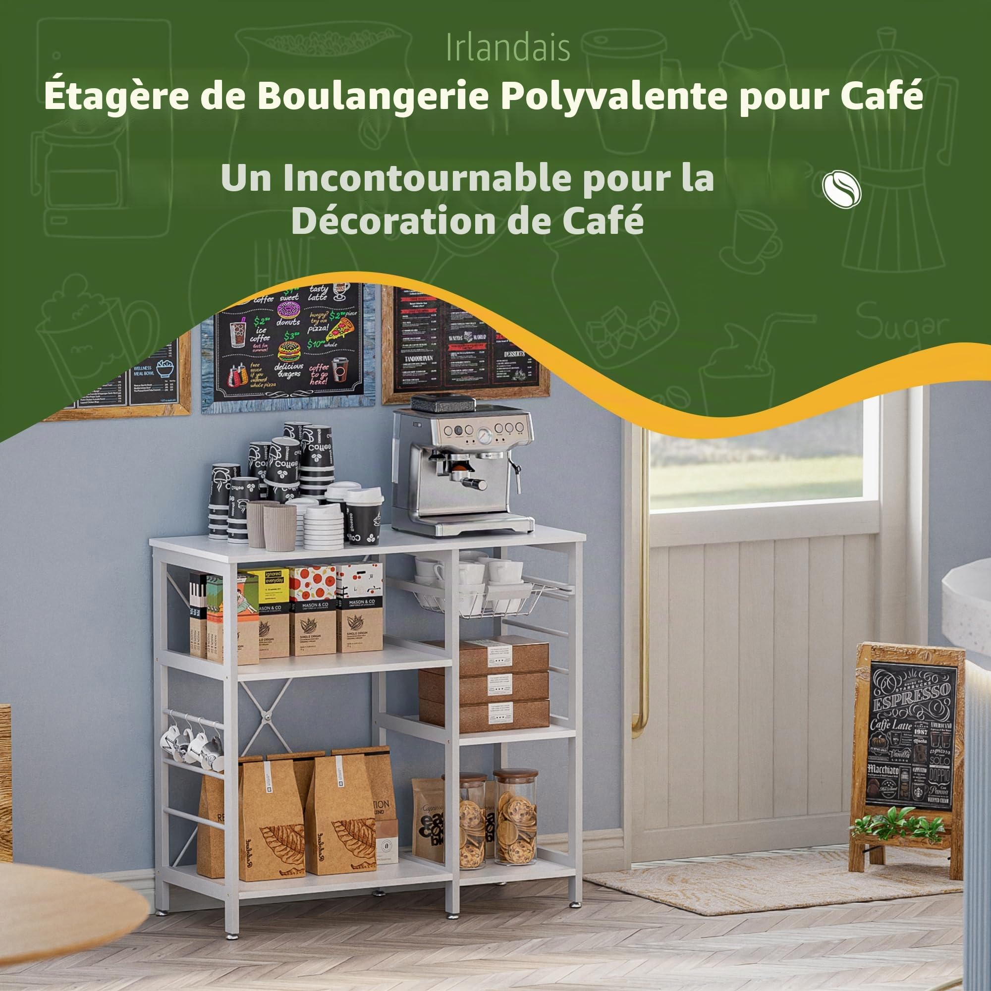 Étagère de cuisine pour boulanger, support de four à micro-ondes avec cadre en bambou, bar à café avec panier en fil métallique et 6 crochets pour cuisine, salon, bureau (Blanc)