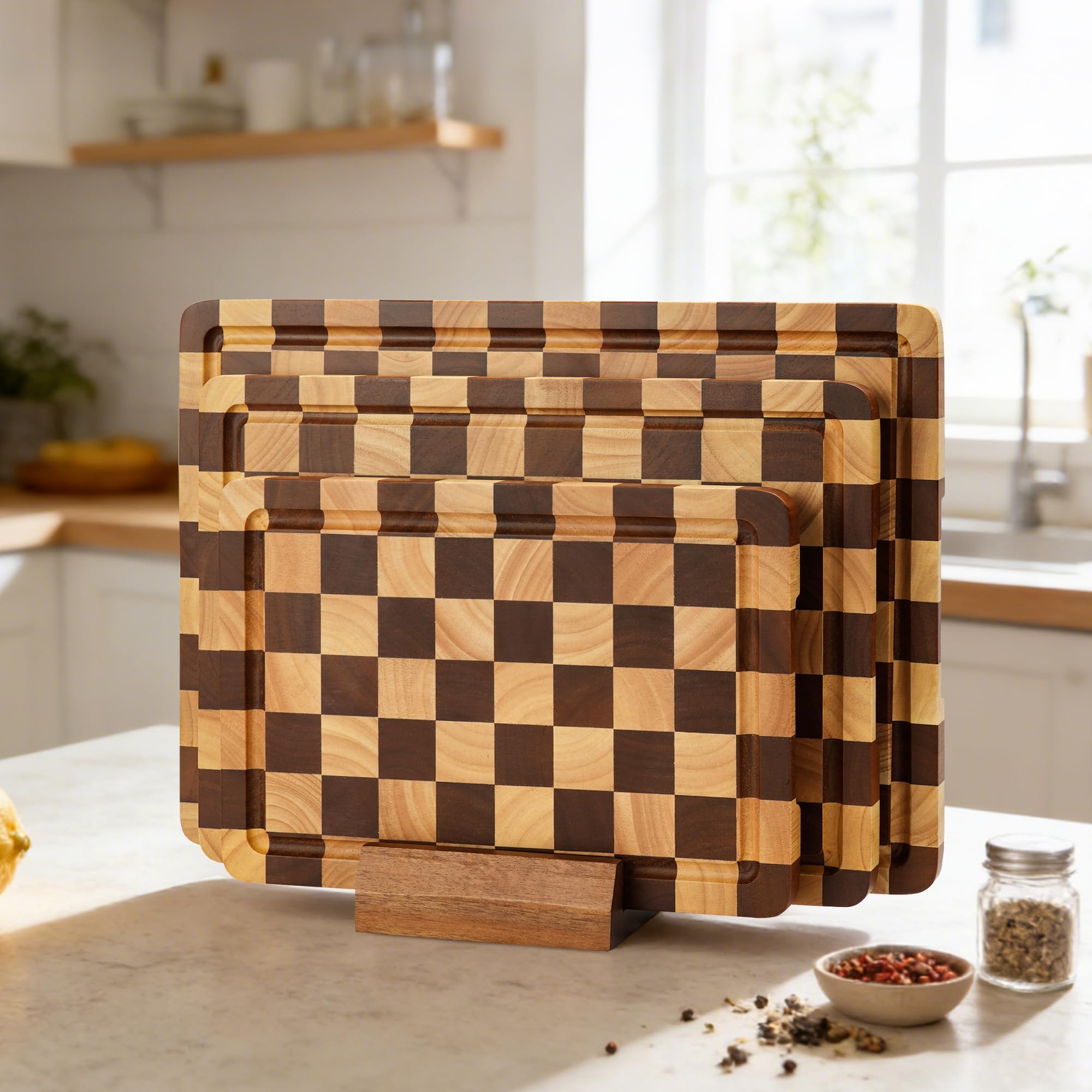 Planche à Découper en Bois Motif Damier, Lot de 3 avec Support, Planches à Découper avec Rainure d'Écoulement et Poignée, pour Viande, Légumes et Fromage