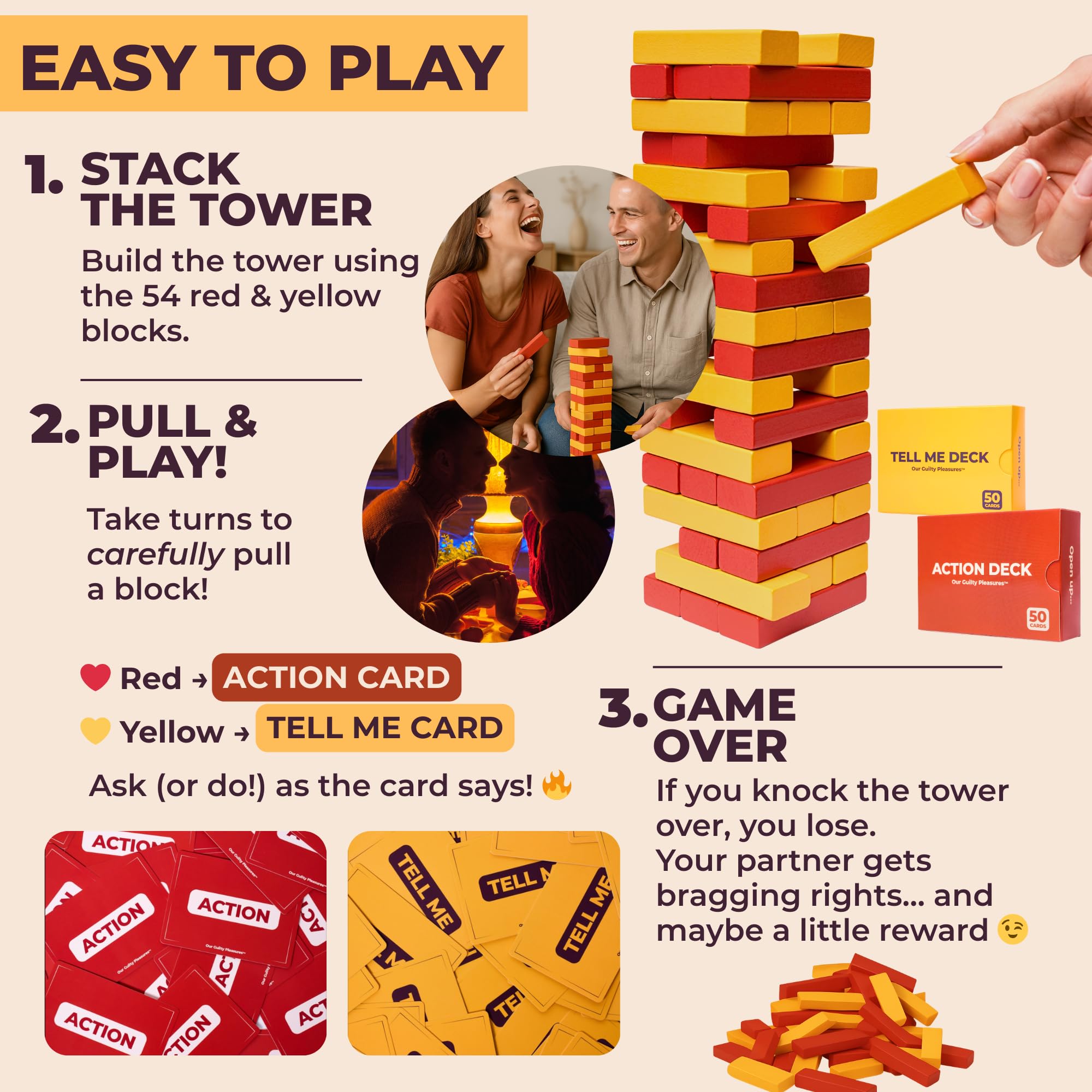 Our Guilty Pleasures The Pull Out Game - Flirty Date Night Game for Couples, Romantic Block Tower with 100 Cards, 50 Action & 50 Tell Me - Perfect for Any Relationship or Valentines Day Gift