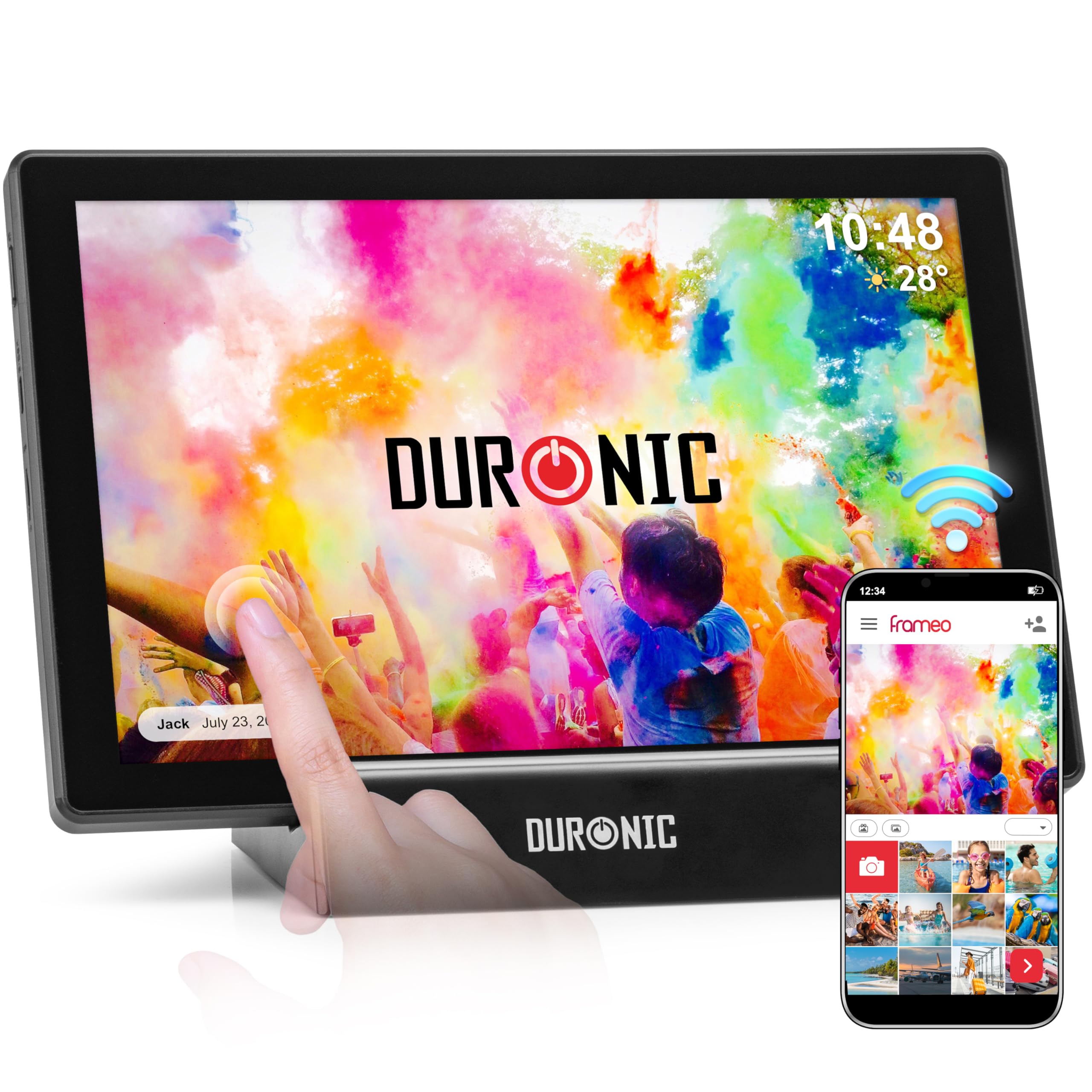 Duronic PF1D BK Cornice Digitale da 10,1 pollici Wi-Fi, Touch Screen IPS 1280x800, Memoria 32GB, USB-C, Stand Ricarica, Frameo App – Cornice Foto Elettronica Nero per Condivisione Immagini