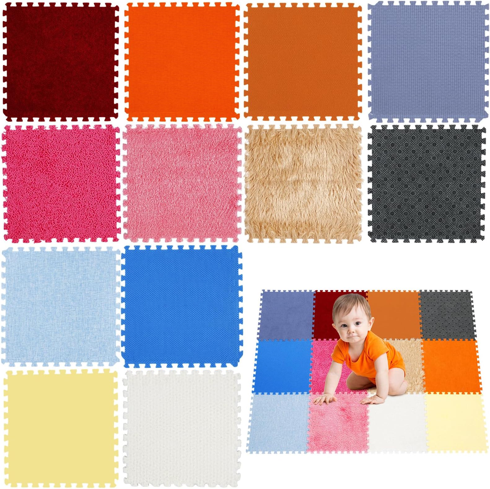 Tinideya 12 Pcs Sensory Floor Tiles for Kids Puzzle Sensory Tiles Interlocking Floor Rug Autistic Children Textured Activity Play Mats Exploration Toys for Tactile Play