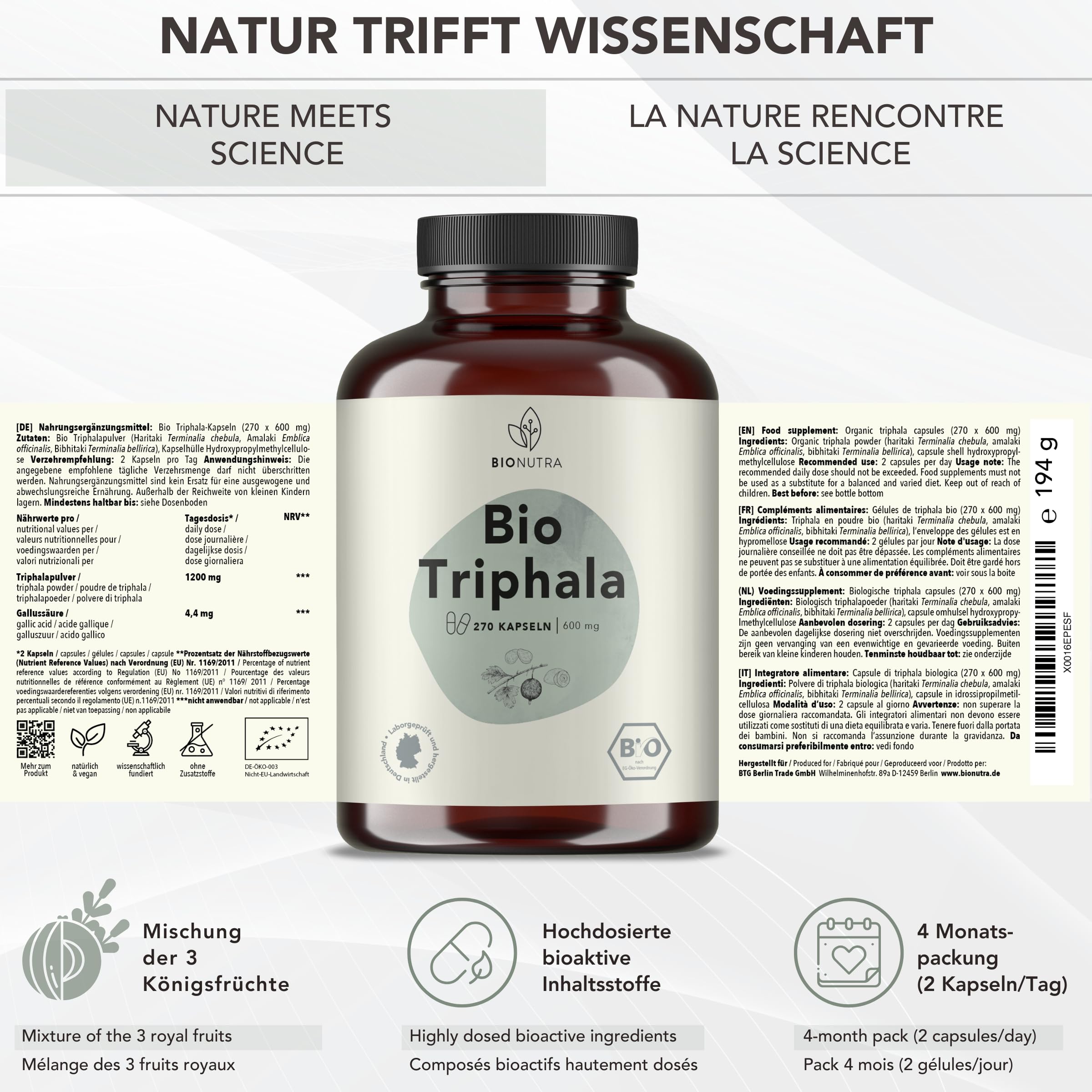 BIONUTRA® Capsule Triphala bio alto dosaggio, 1200 mg/giorno, controllo residui, produzione tedesca, vegane, senza lattosio né glutine, senza additivi, polvere Triphala bio, 270 x 600 mg