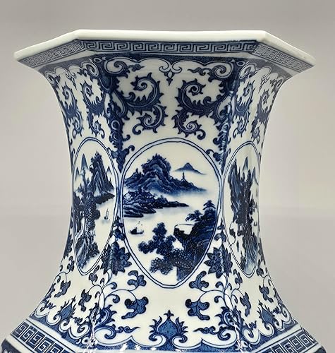 Miniatura 6 de 25" clásico azul y blanco hexagonal jarrón de porcelana, pintura de paisaje estilo Qing de cerámica de China (D9)