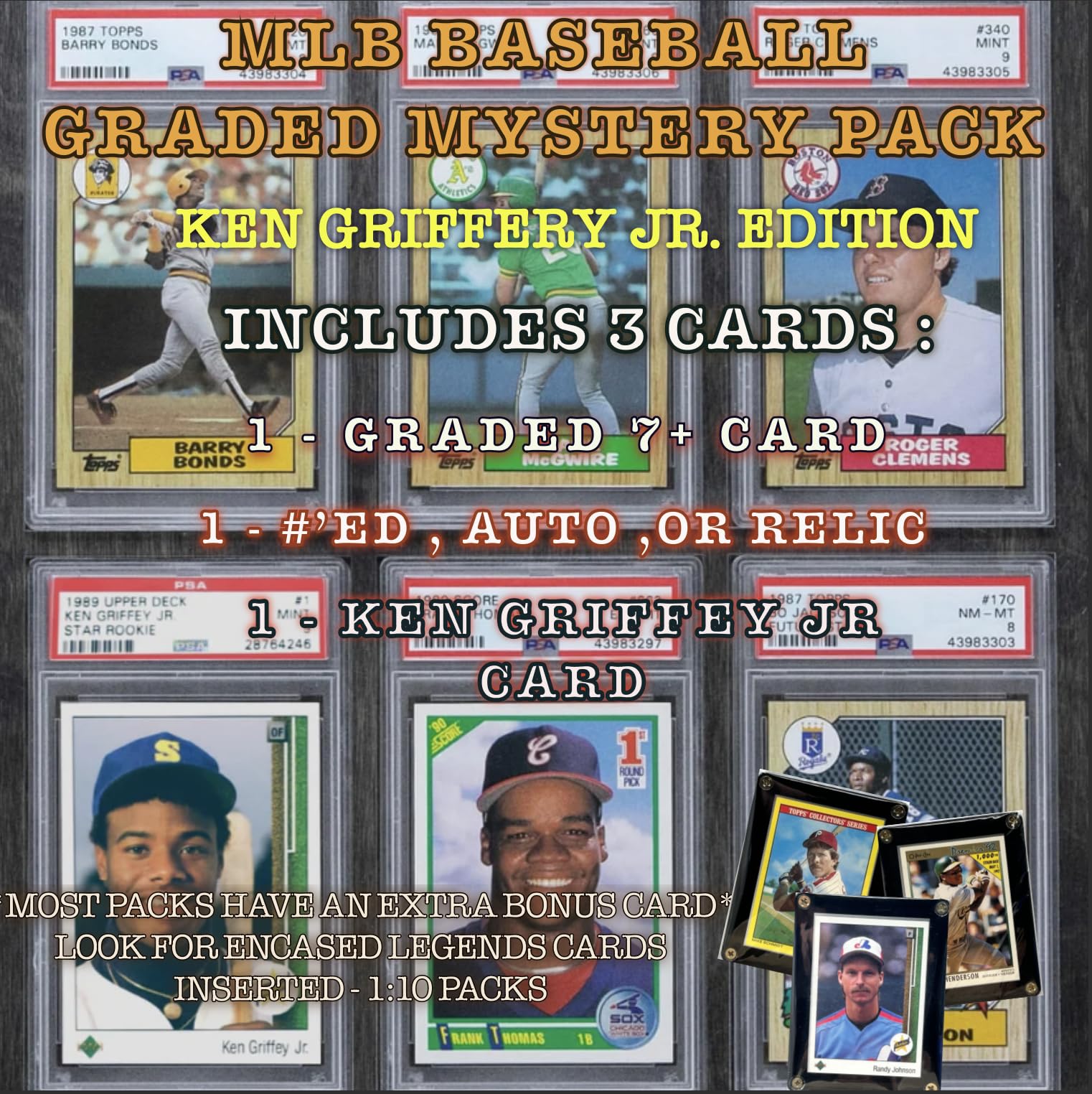 Baseball Graded Mystery Hot Pack - 3 Cards - Guaranteed 7+ - 1#'ed, Auto, Relic or RPA - 1 Griffey Jr. Card - Bonus Cards - Hits, Rookies, Color, Parallels, or SP