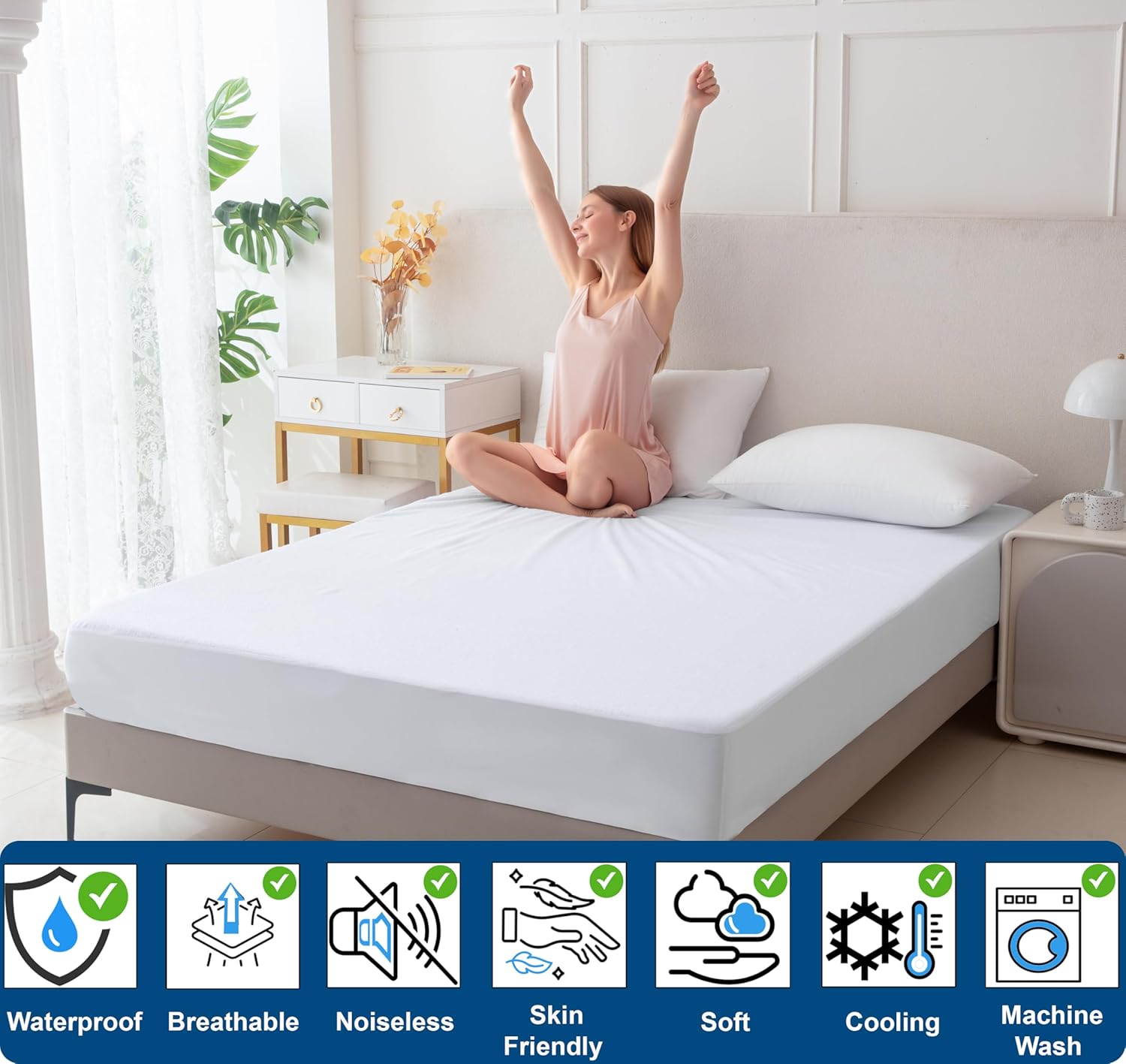 Premium Cotton Terry Mattress Protector – 100% Waterproof, Ultra-Soft & Breathable, Noiseless Cooling Bed Cover Machine Washable Deep Pocket Fits Up to 22” for Secure Protection & Comfort Twin
