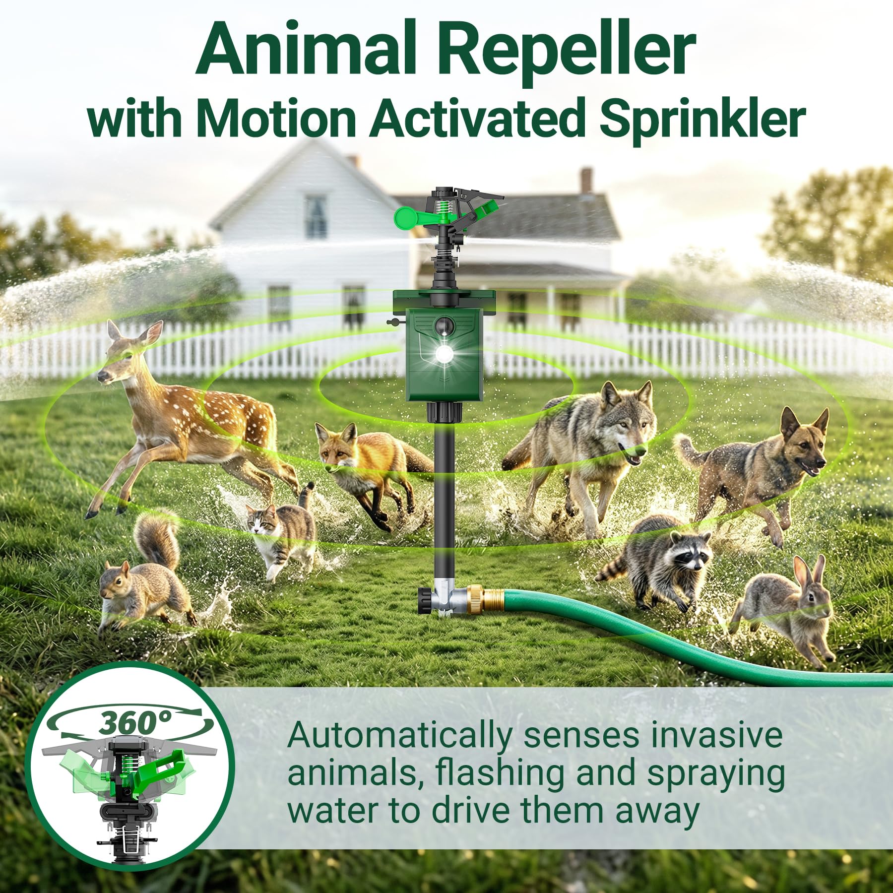Bewegungsaktivierter Tiervertreiber mit Wassersprinkler, Hirschabwehrgeräte Solarbetrieben, IP65 Wasserdicht Katzenschreck Outdoor mit Blinklicht, Schrecken Hirsch Füchse Stinktiere Waschbären aus