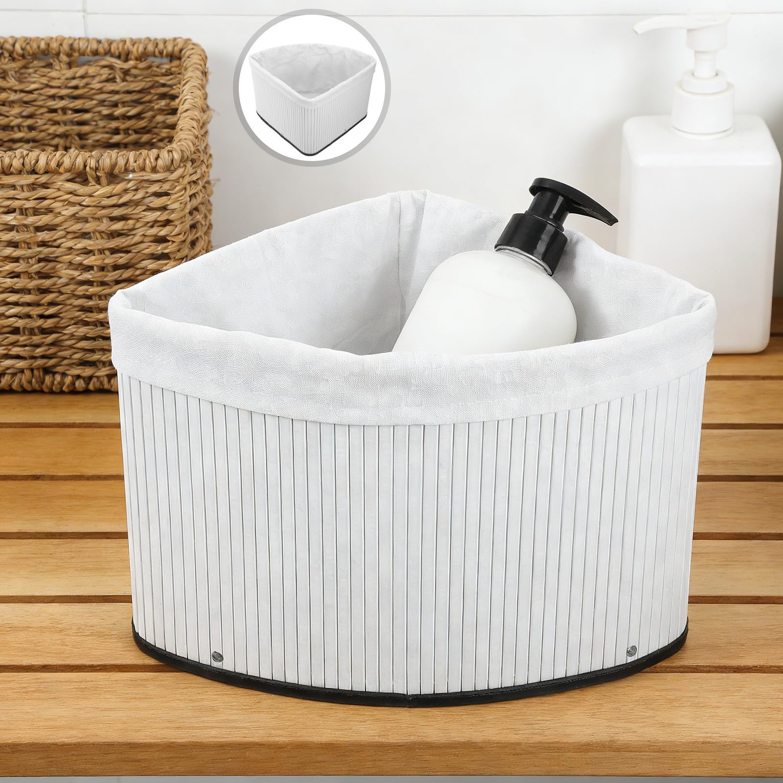 HEMOTON Cestino Triangolare in Bambù Bianco con Rivestimento, Organizer Angolare Salvaspazio per Cucina e Bagno, Scatola Portaoggetti Resistente