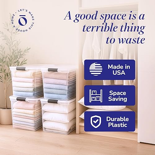 Miniatura 5 de HOMZ - Paquete de 4 contenedores organizadores de almacenamiento de plástico transparente, 112 cuartos de galón, pestillos grises, cajas apilables