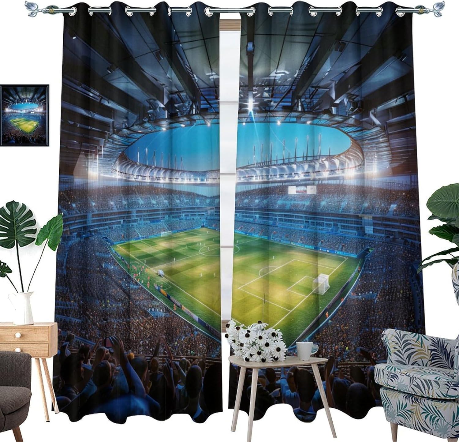 Classic Soccer Stadium Blackout Curtains for Bedroom/Living Room, Funny Sport Modern Football Grommet Curtains Thermal Insulated Window Drapes, 2 Panels, Each 21W x 45L