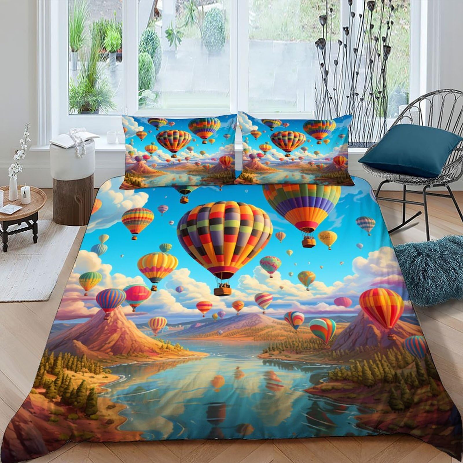Linge de lit 2 personnes motif montgolfière idée cadeau literie