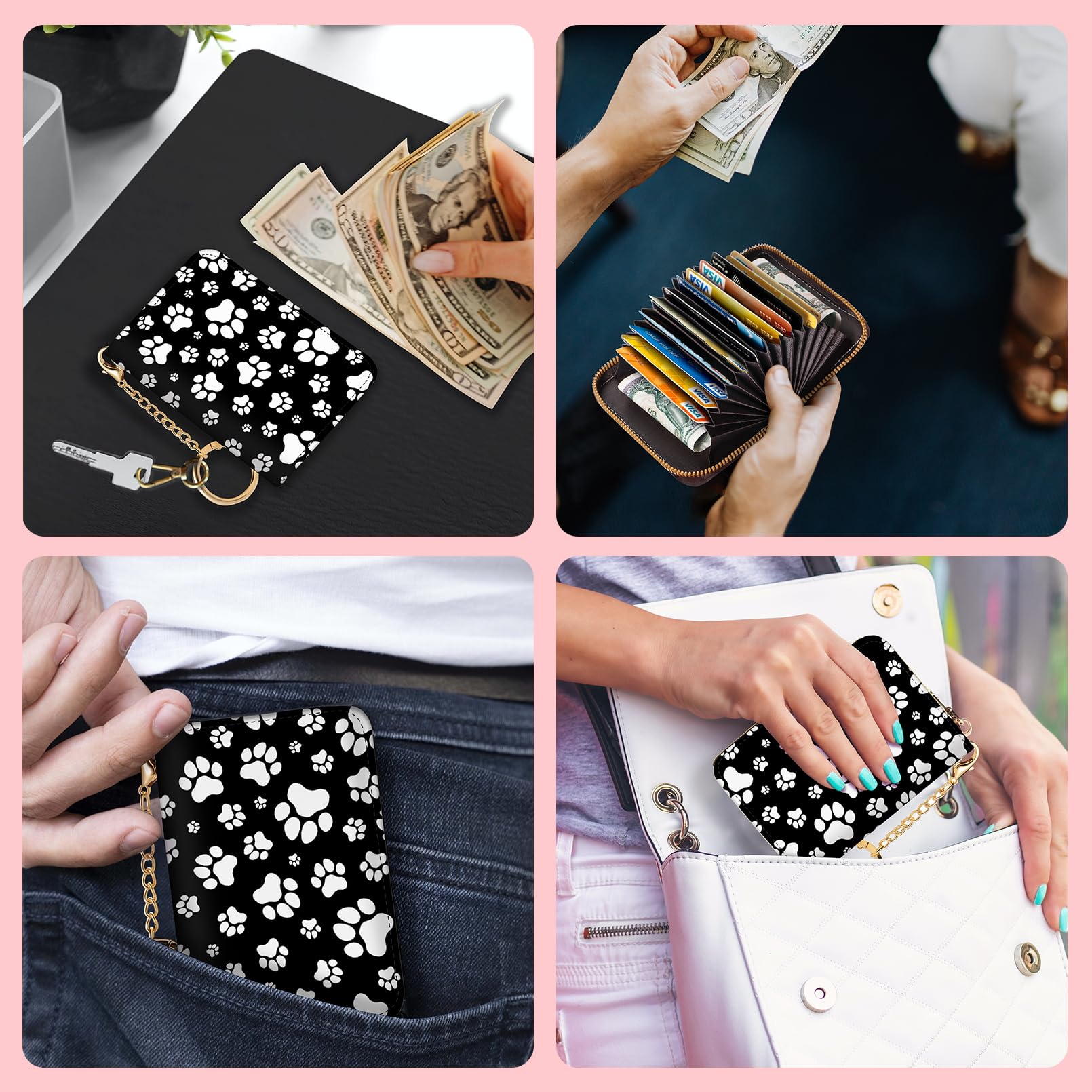 Blusabaca  Credit Card Holder for Women, Gothic Floral Small RFID Wallet with Zipper, Card Keychain Wallet, Leather Wallet Card Case, Business Accordion Wallet Gift: Dog paw