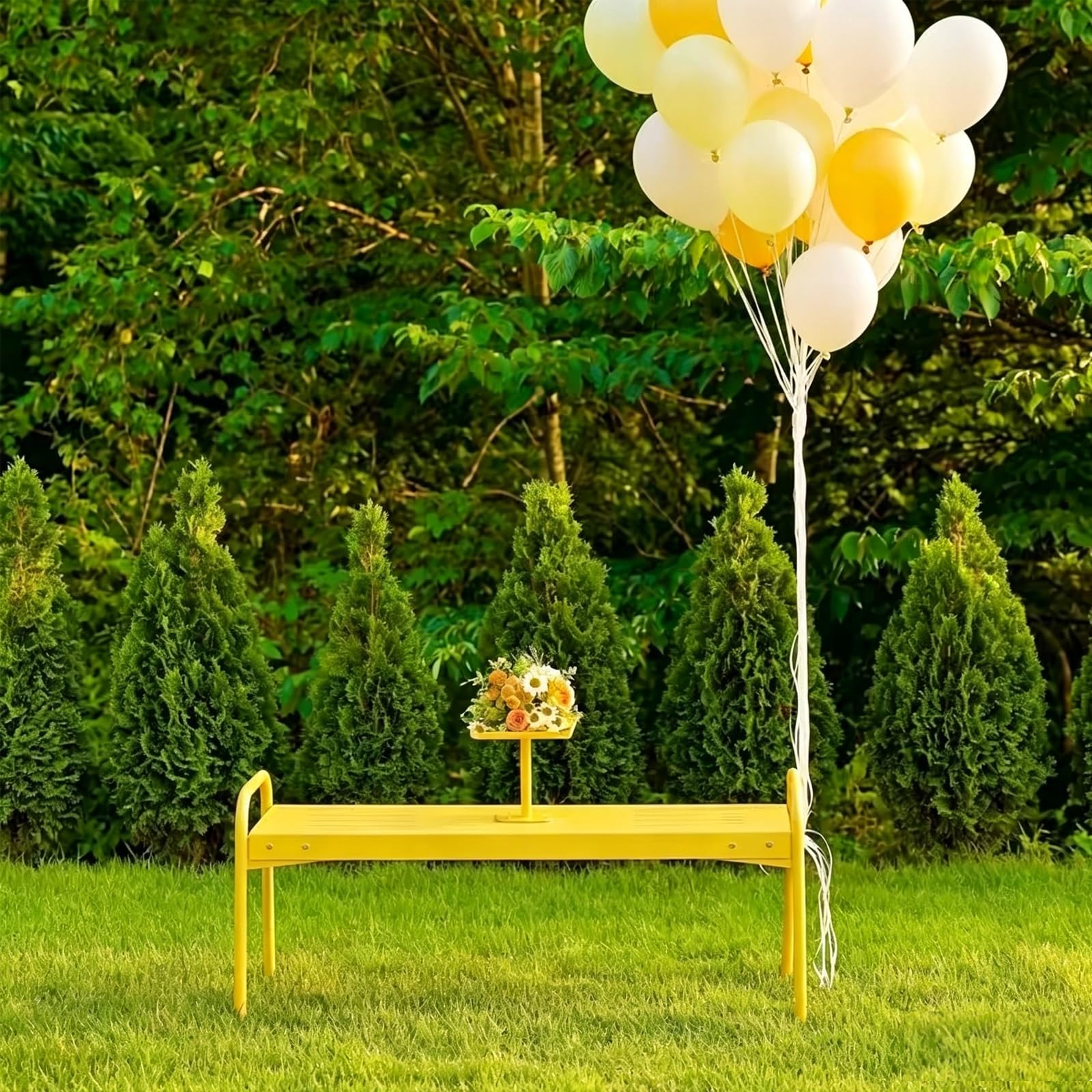 Banc de jardin avec table intégrée jaune métal résistant terrasse
