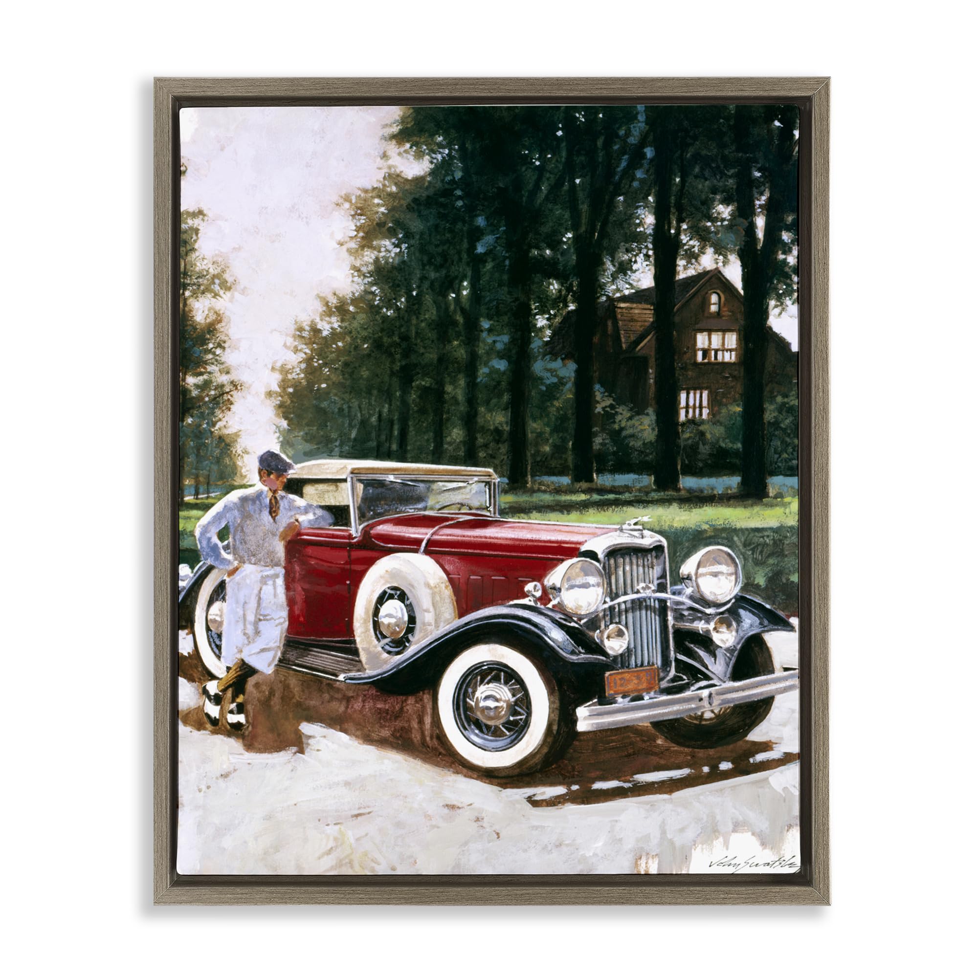 'Retro Convertible Coupe & Driver'| Floating Frame Canvas Art