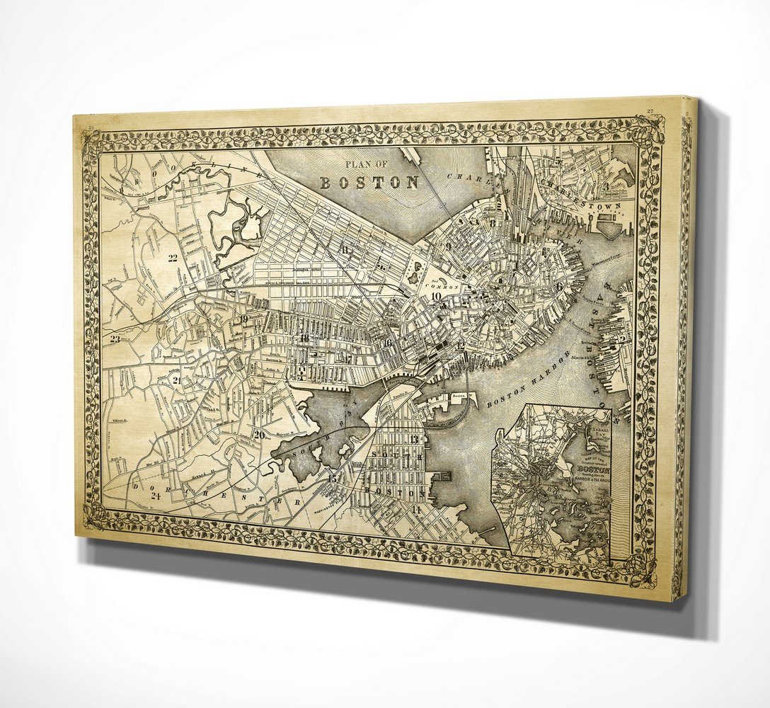 WEXFORD HOMEVintage Boston Map Gallery Wrapped Canvas Wall Art, 16x32