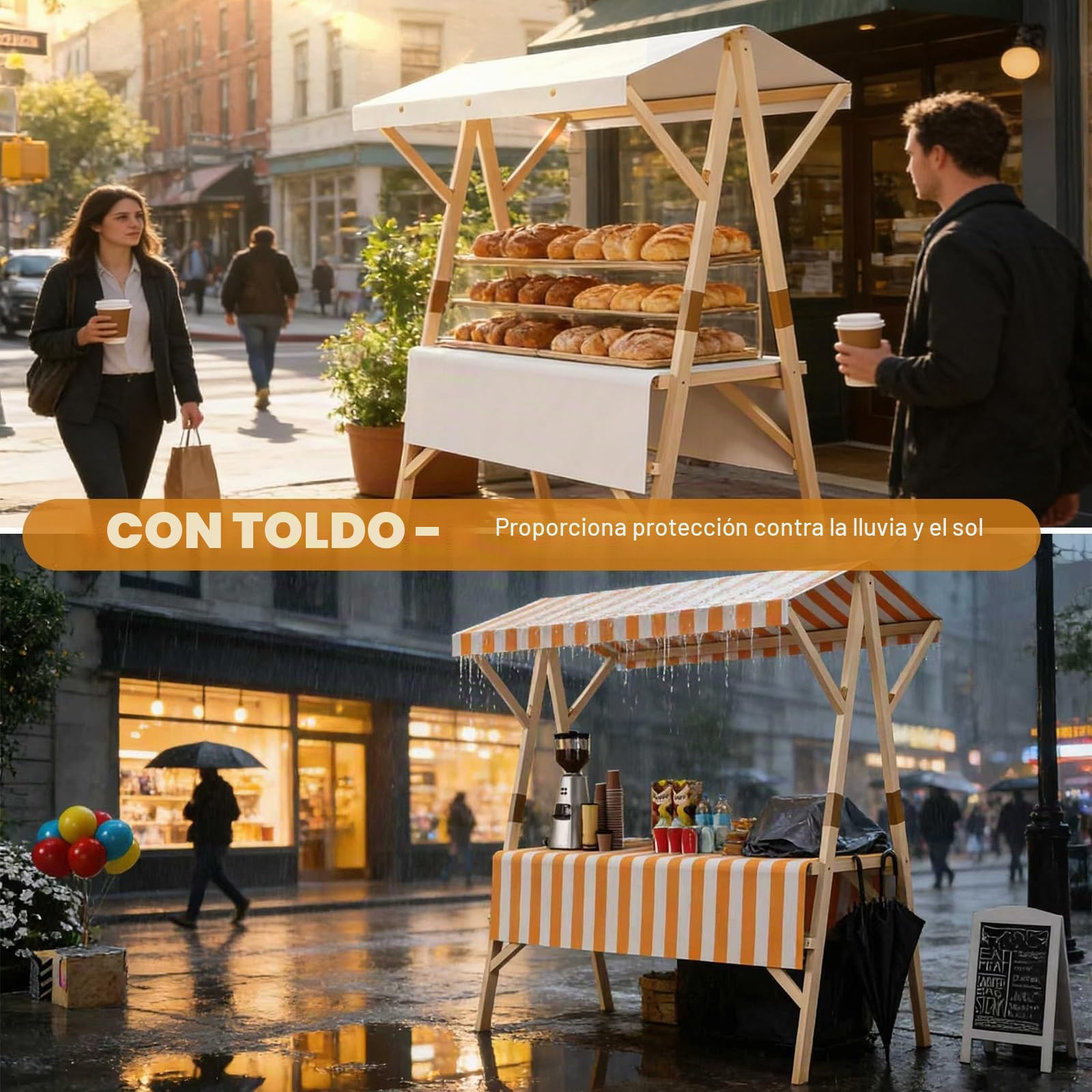 HARELA Carrito De Comida Callejera De Madera, Genérico Puesto De Mercado con Toldo, Puestos Plegables for ferias de artesanías, para Tiendas Mercados(Yellow B,120cm/47.2in)