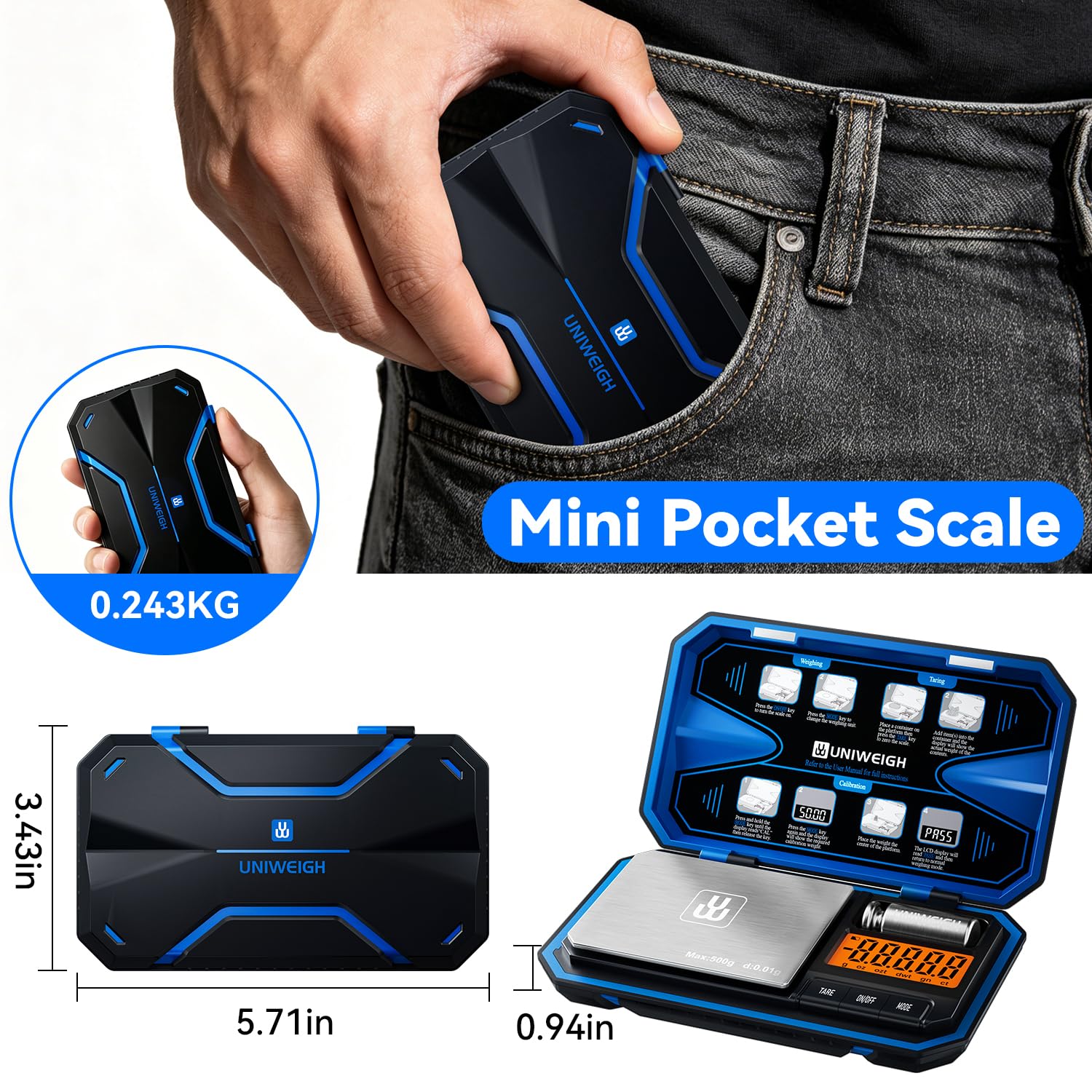 UNIWEIGH Digital Pocket Gram Scale 500g x 0.01g Precision Jewelry Scale | Mini Coin Scales 6 Units/LCD,Weighs Small Food,Gold,Powder,Micro,Ounces,Grains,Reloading,Tare Function,Blue(Battery Included)