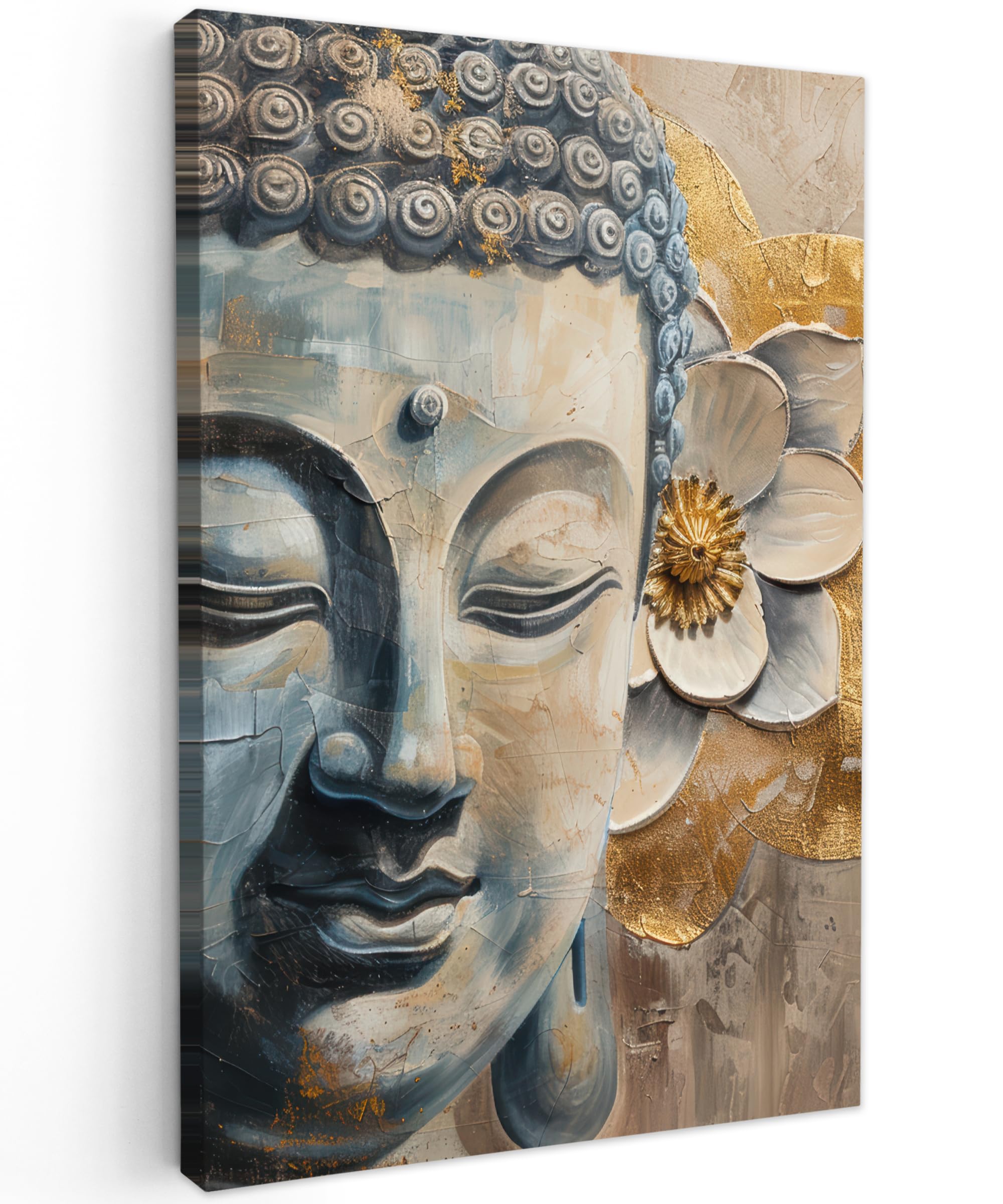 MuchoWow© Leinwand 40x60 cm Deko Schlafzimmer Aesthetic Leinwandbilder Wohnzimmer Gemälde Foto Geschenk Living Room Decoration Buddha - Zen - Blume - Gold - Beige - Kunst