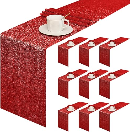 Sugargirl Paquete de 10 caminos de mesa de lentejuelas de 12 x 72 pulgadas, camino de mesa rojo brillante para suministros de fiesta de cumpleaños,