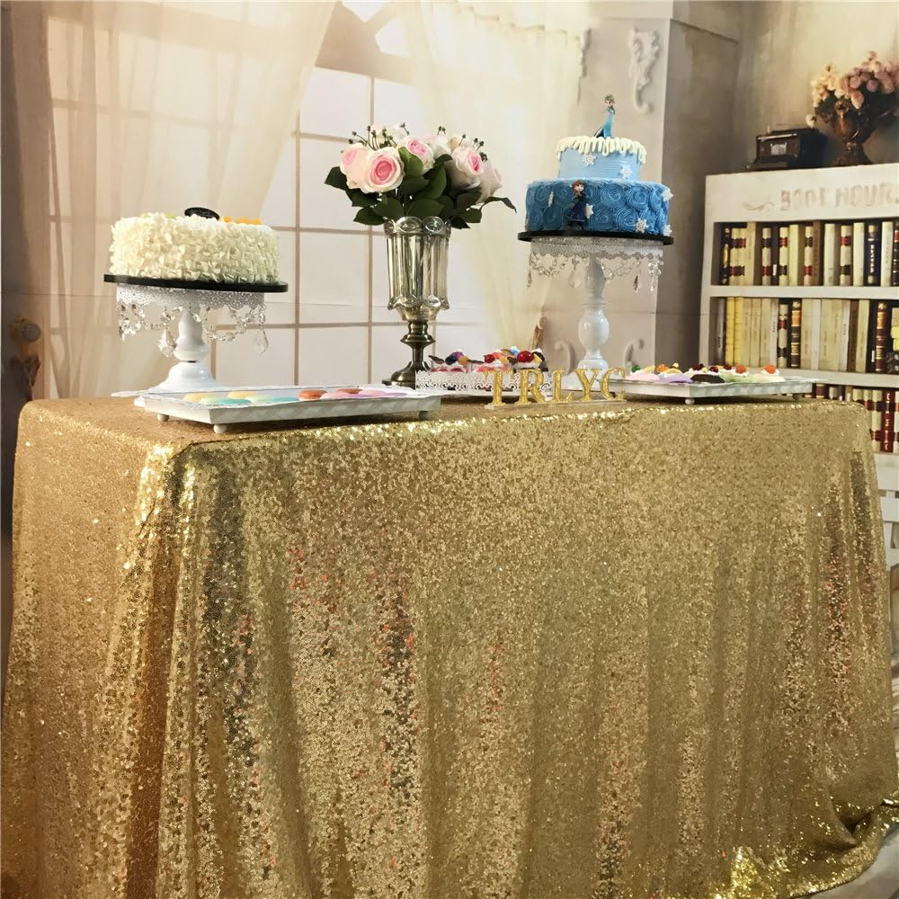 TRLYC 60"*120" Sparkly Gold Square Sequins Wedding Tablecloth, Sparkly 6FT-8FT Overlays Table Cloth for Wedding, Event