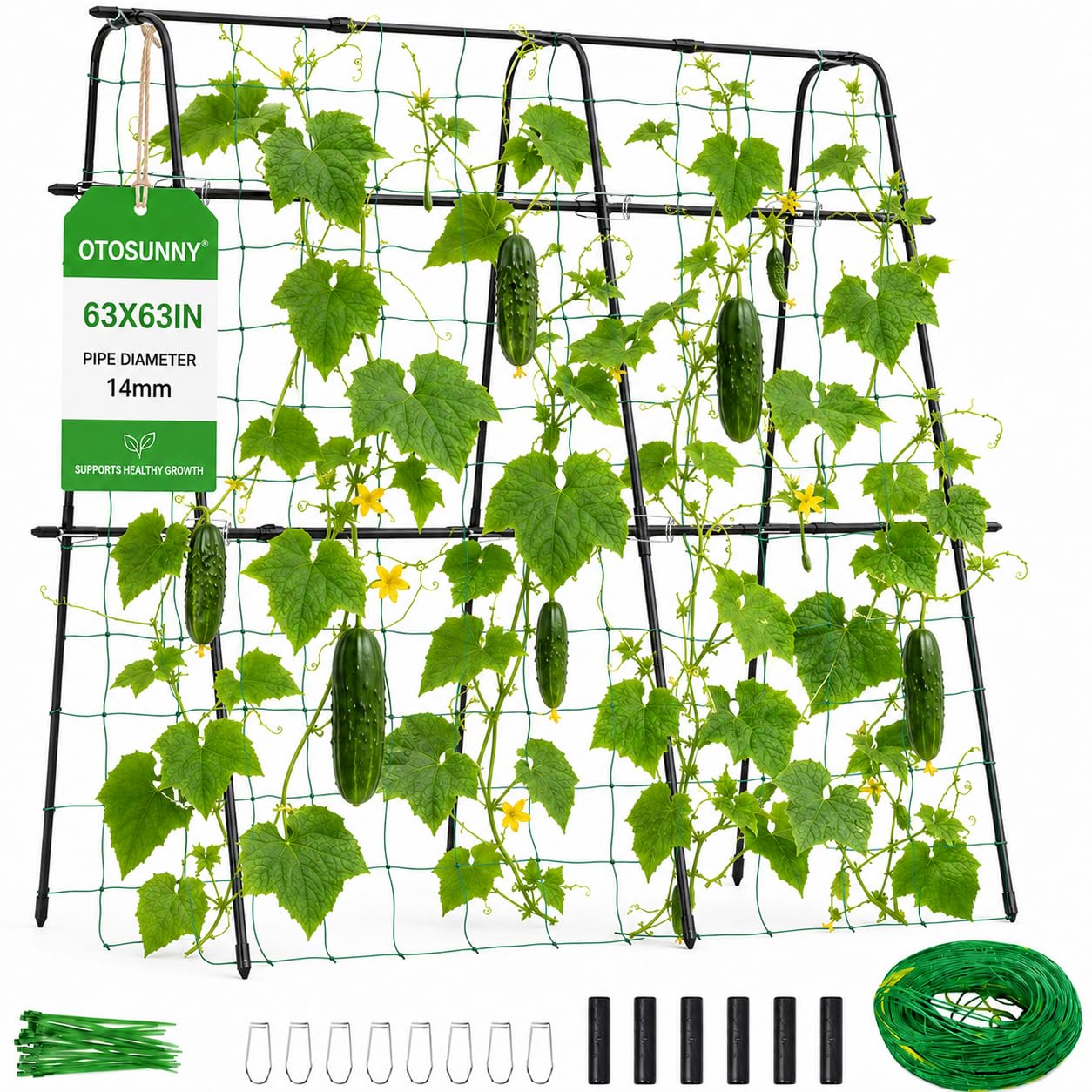 OTOSUNNY Cucumber Trellis for Raised Bed, 5.3' Tall Garden Arch Trellis for Climbing Plants Outdoor, Reinforced 14mm Metal Climbing Plant Support Grape Vine Tomato Pea Bean Vegetables Trellis, Black 63"L x 63"H - 5/9 inch Metal Tubing - Black
