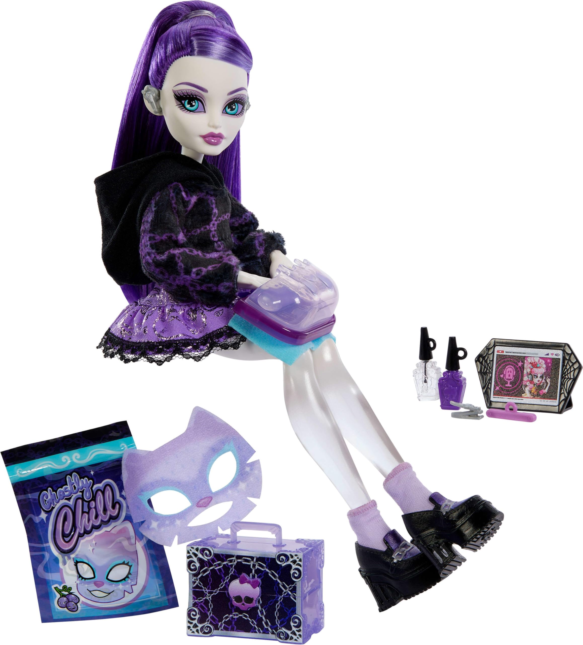 Monster High Self-Scare Secrets Spectra Vondergeist Doll and Accessories Set with 13 Realistic Surprises Like Manicure Kit and Record Player