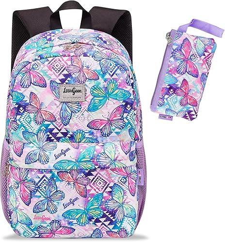 Mochila con estampado de mariposas para niñas, adolescentes y mujeres. Bolsa de libros de 16 pulgadas con bolsa de papelería. Baypack casual para