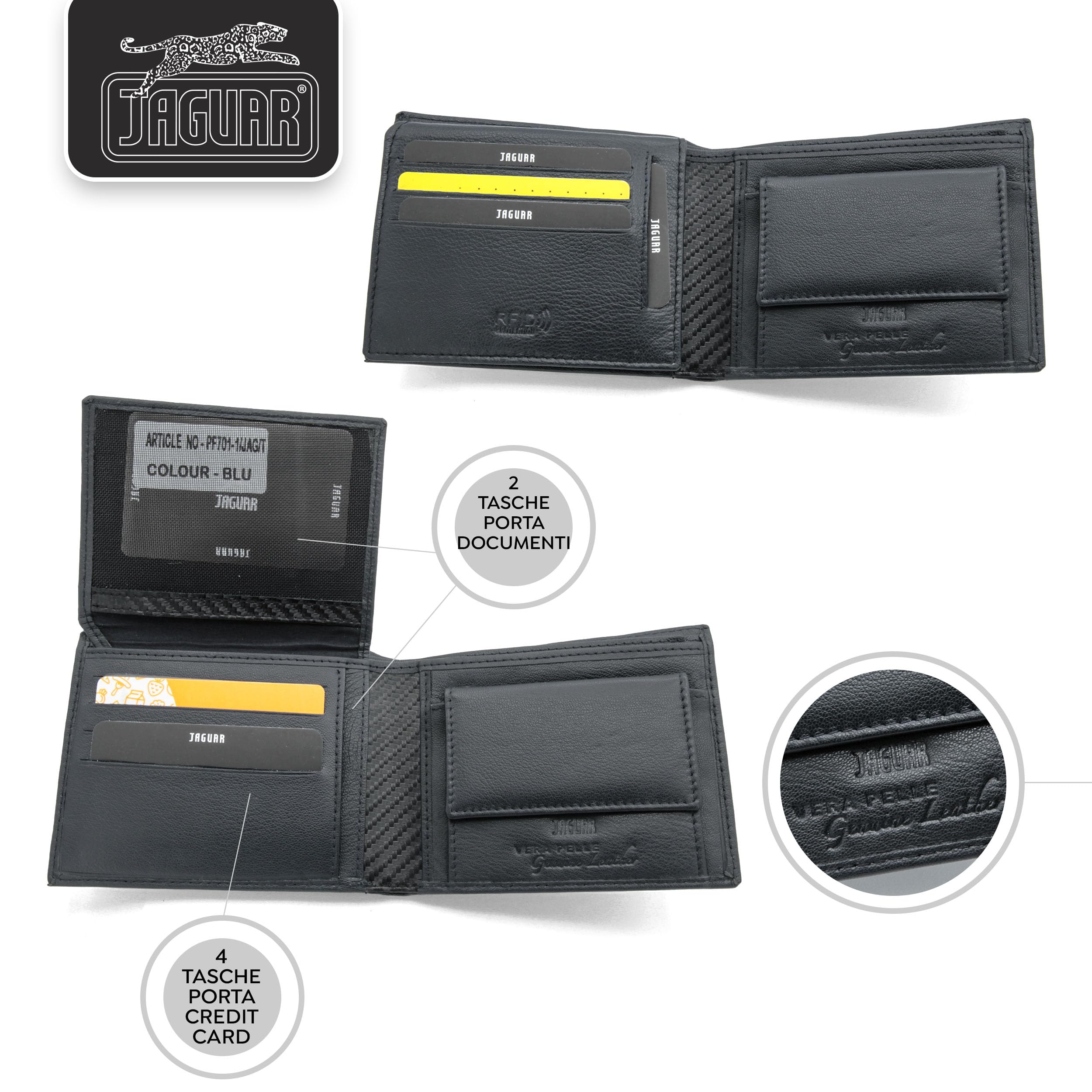 JAGUAR Cartera Hombre Piel Equipado con Ranuras para Tarjetas, Billeteras Regalos Originales para Hombre Diseño Clásico y Refinado, Monedero Tarjetero Ligero (75 g) Negro