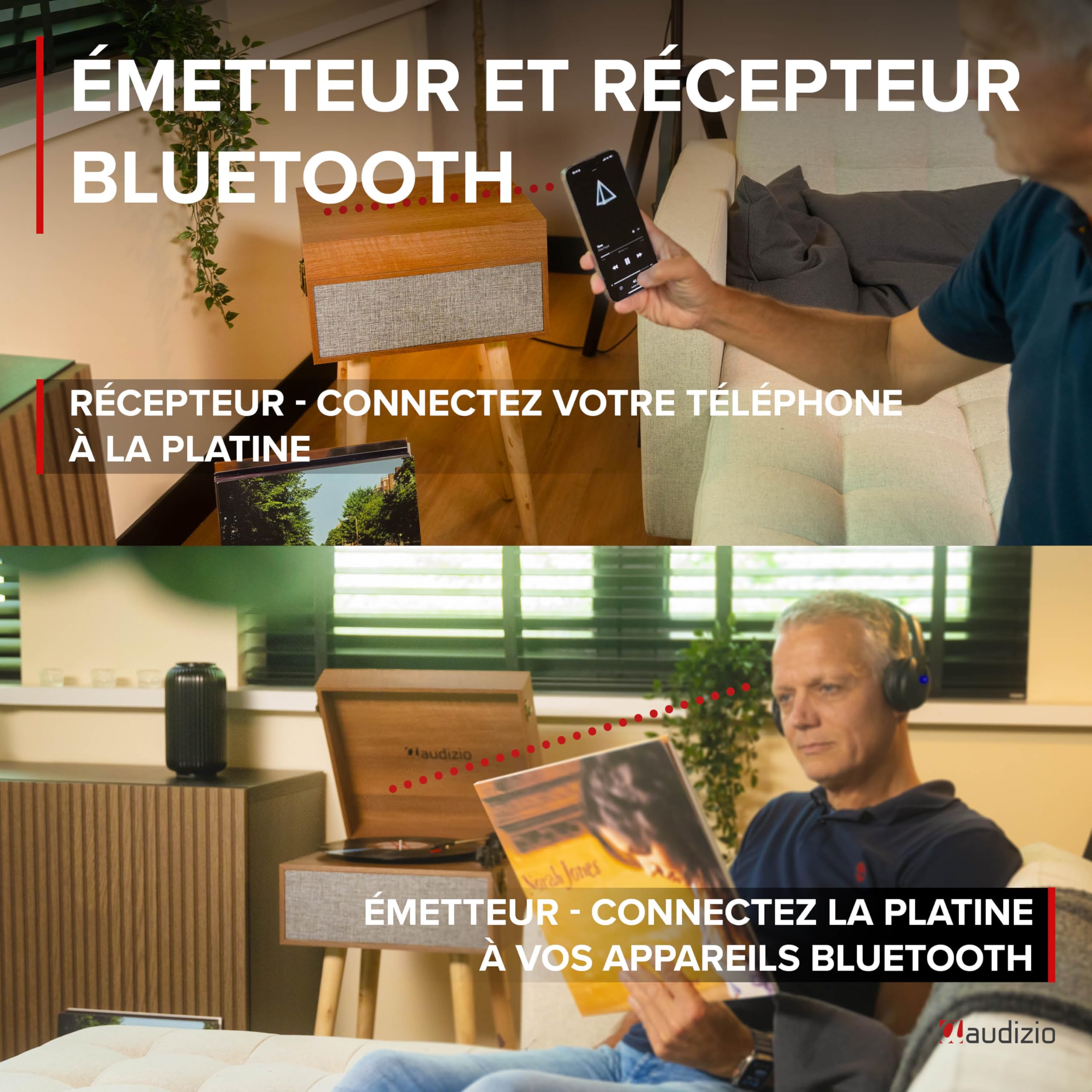 Audizio Fremont Platine Vinyle Meuble Bluetooth, Design Rétro sur Pieds - Noyer, Haut-Parleurs Stéréo, Convient aux Disques 33, 45 et 78 Tours, Idéal pour Décorer Votre Intérieur