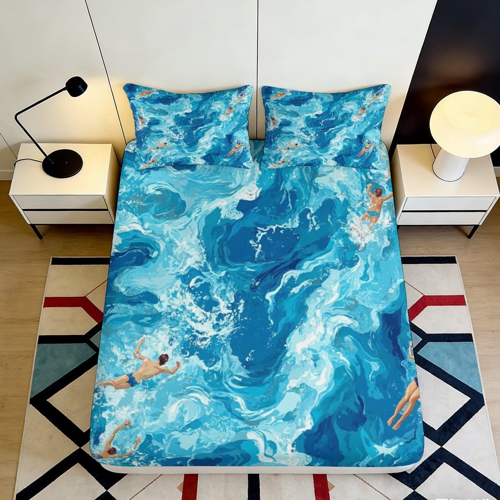 3D Printed Water Pool Fitted Sheet Microfiber Blue Swimmer Mattress Cover Bedroom Dorm Protector Decor 90x200x25cm