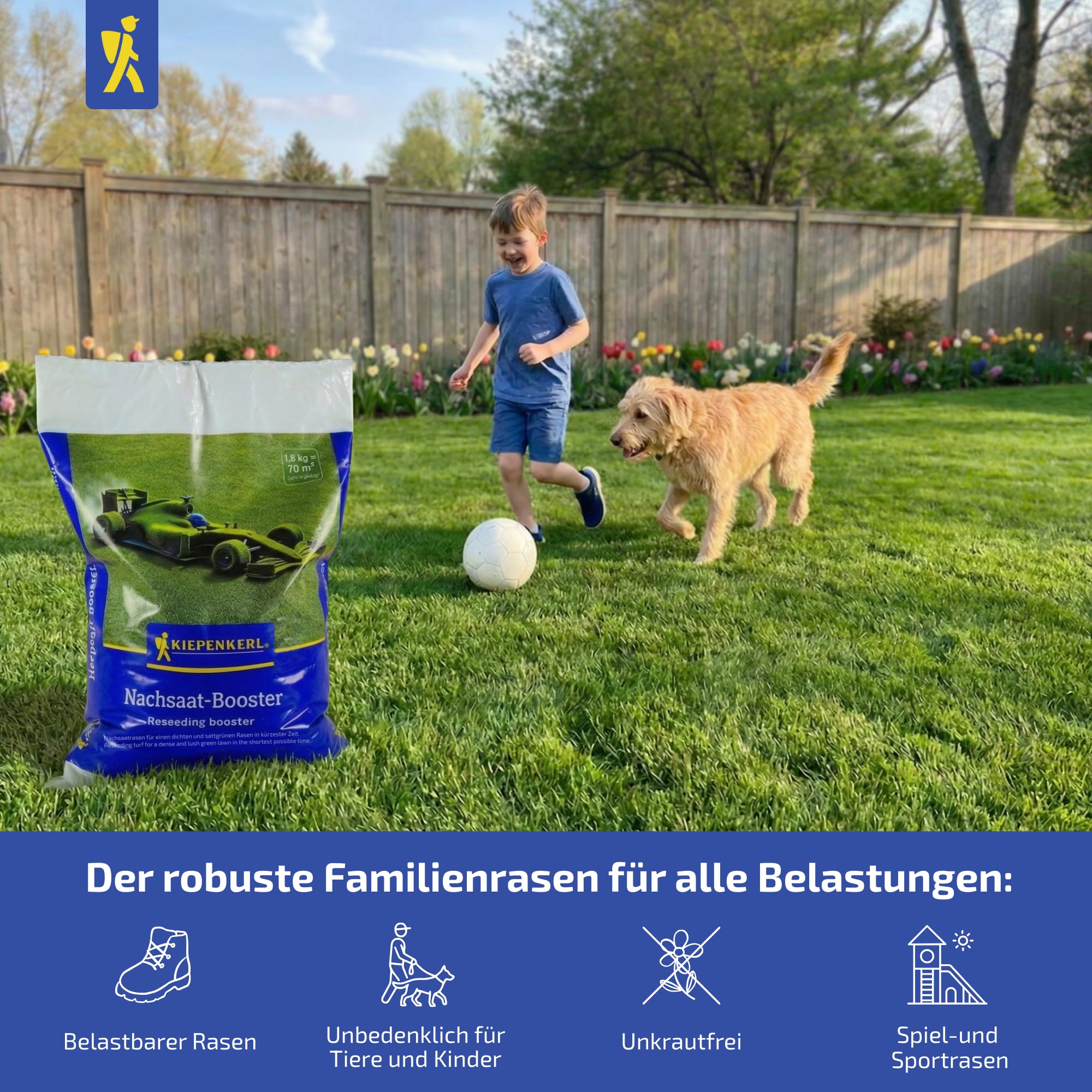 Kiepenkerl Rasen Nachsaat-Booster Grassamen | 1,8kg für 70m², Schnellkeimend, Strapazierfähig, Spiel- & Sportrasen, Dichter Traumrasen in wenigen Tagen