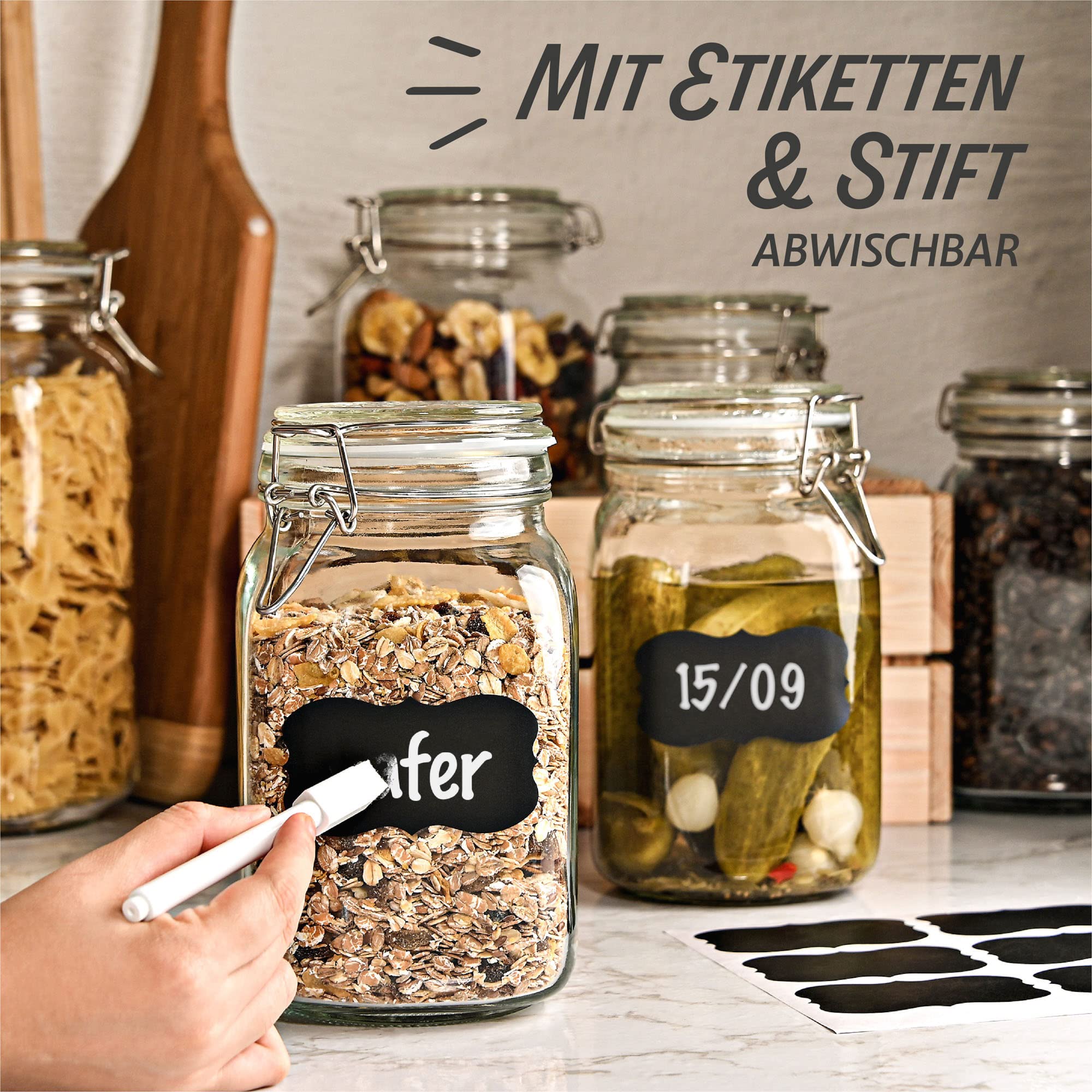 Praknu 8 Einmachgläser mit Bügelverschluss 1,5l - Mit Etiketten, Stift und extra Silikondichtungen - Platzsparend durch eckige Form - Spülmaschinenfest