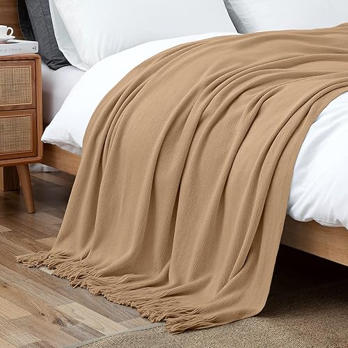 Miniatura 4 de Vonty Manta de punto marrón claro con borlas y flecos, 50 x 60 pulgadas, manta de punto súper suave, manta ligera decorativa de granja para sofá,