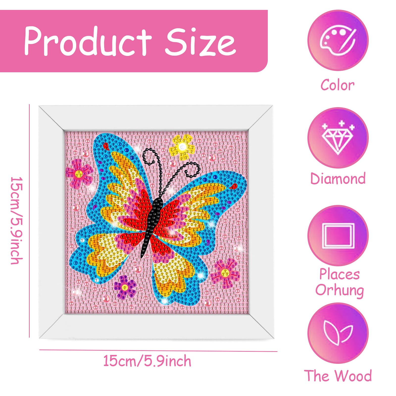 Kinwodon Butterfly Diamond Art for Kids 5D Diamond Painting Art Kits with Frame - Image 2