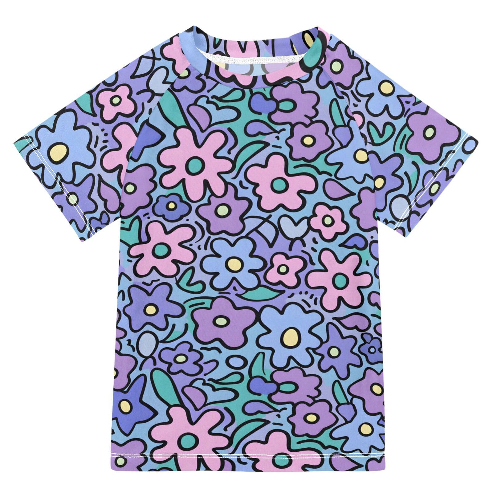 ALAZA Kids Rash Guard Boys Toddler Swim Shirts Short Sleeve Purple Flowers Cartoon UPF 50+ 3T