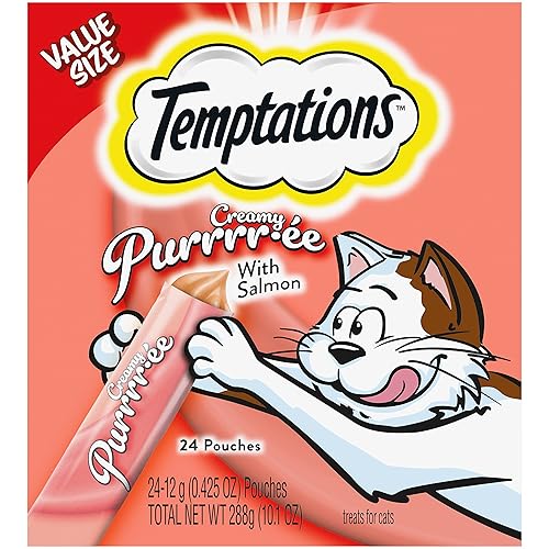 Temptations Creamy Puree Squeezable Lickable Wet Cat Treats with Salmon, 0.42 oz. Tubes, 24 Count - Salmon - 24 Count (Pack of 1)