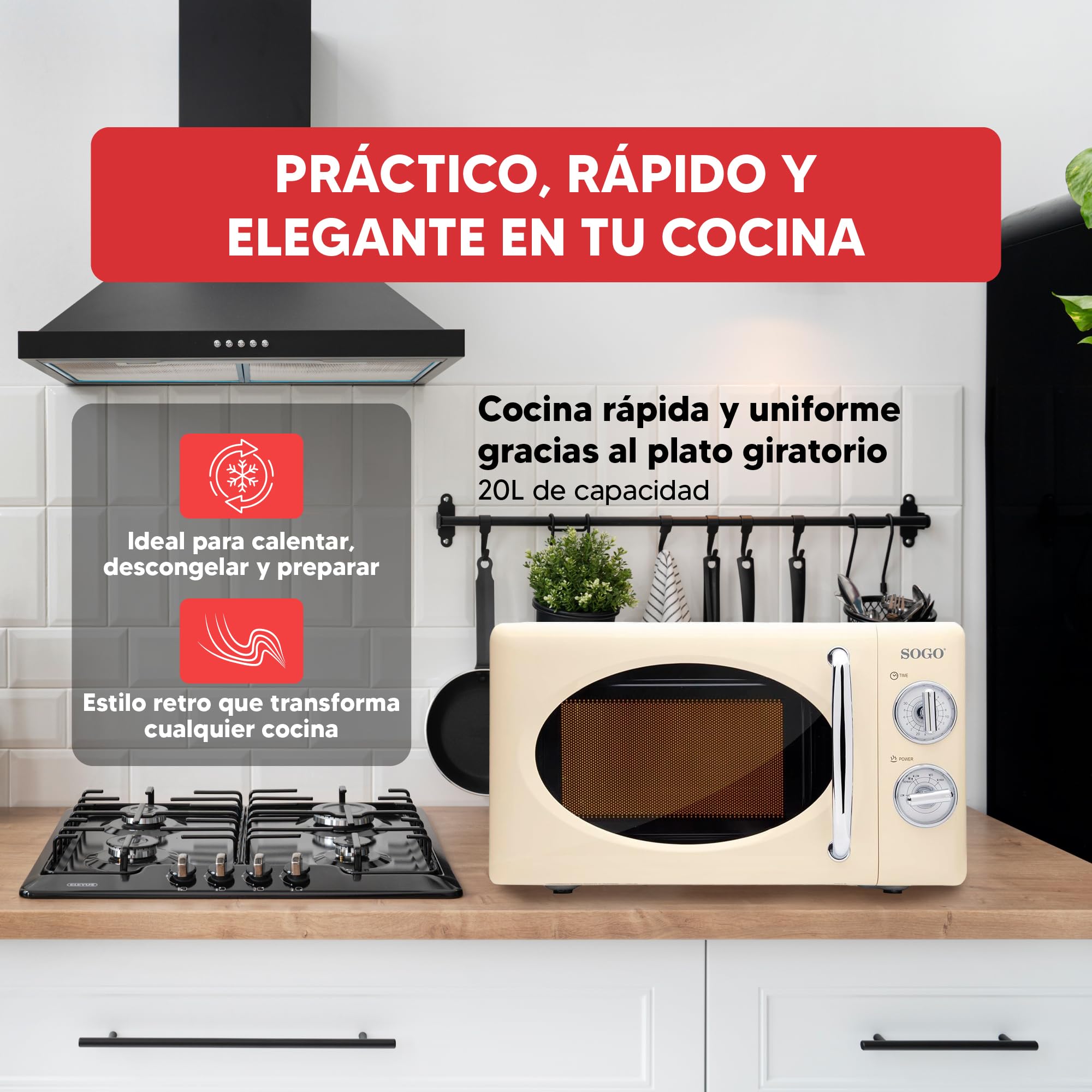Sogo Microondas 20L 700W Vintage Beige 5 Potencias Descongelar Temporizador