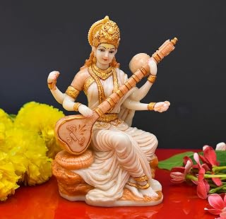 Archna Handicraft Polyresin Saraswati Idol Statue Saraswati Maa Figurine Sclupture Showpiece for Home Office Decor (Size: 6x3 Inch, Gold)